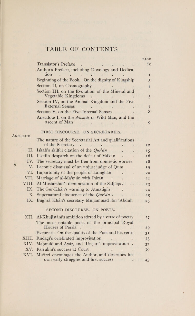 PAGE Translator’s Preface ...... ix Author’s Preface, including Doxology and Dedica¬ tion ....... i Beginning of the Book. On the dignity of Kingship 3 Section II, on Cosmography .... 4 Section III, on the Evolution of the Mineral and Vegetable Kingdoms ..... 5 Section IV, on the Animal Kingdom and the Five External Senses ...... 7 Section V, on the Five Internal Senses . . 8 Anecdote I, on the Nasnds or Wild Man, and the Ascent of Man ...... 9 FIRST DISCOURSE. ON SECRETARIES. Anecdote The nature of the Secretarial Art and qualifications of the Secretary ...... 12 II. Iskafi’s skilful citation of the Qur'an . . . 15 III. Iskafi’s despatch on the defeat of Makan . . 16 IV. The secretary must be free from domestic worries 18 V. Laconic dismissal of an unjust judge of Qum . 19 VI. Importunity of the people of Lamghan . . 20 VII. Marriage of al-Ma’miin with Pdran . . . 21 VIII. Al-Mustarshid’s denunciation of the Saljiiqs . . 23 IX. The Giir-Khan’s warning to Atmatigin ... 24 X. Supernatural eloquence of the Qur'an . . . 25 IX. Bughra Khan’s secretary Muhammad ibn ‘Abduh 25 SECOND DISCOURSE. ON POETS. XII. Al-Khujistani’s ambition stirred by a verse of poetry 27 The most notable poets of the principal Royal Houses of Persia ...... 29 Excursus. On the quality of the Poet and his verse 31 XIII. Rudagi’s celebrated improvisation ... 33 XIV. Mahmud and Ayaz, and ‘Unsuri’s improvisation . 37 XV. Farrukhi’s success at Court ..... 39 XVI. MiPizzi encourages the Author, and describes his own early struggles and first success . . 45