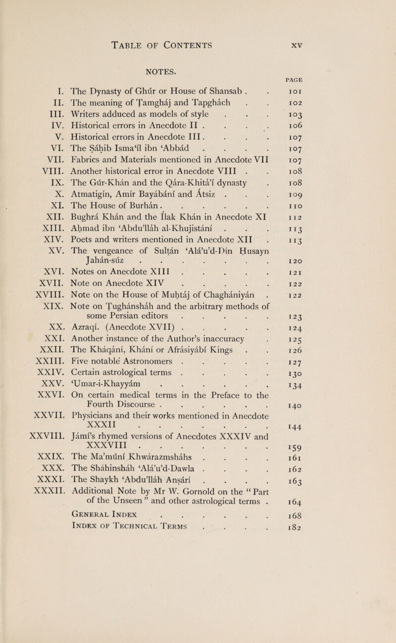 notes. PAGE I. The Dynasty of Ghiir or House of Shansab . . ioi II. The meaning of Tamghaj and Tapghach . . 102 III. Writers adduced as models of style . . . 103 IV. Historical errors in Anecdote II . . . , 106 V. Historical errors in Anecdote III. . . . 107 VI. The Sahib Ismah'l ibn ‘Abbad . . . . 107 VII. Fabrics and Materials mentioned in Anecdote VII 107 VIII. Another historical error in Anecdote VIII . . 108 IX. The Gur-Khan and the Qara-Khita’i dynasty . 108 X. Atmatigin, Amir Bayabani and Atsiz . . . 109 XI. The House of Burhan . . . . . . no XII. Bughra Khan and the Ilak Khan in Anecdote XI 112 XIII. Ahmad ibn ‘Abdu’llah al-Khujistani . . . 113 XIV. Poets and writers mentioned in Anecdote XII . 113 XV. The vengeance of Sultan ‘Ala’u’d-Din Husayn Jahan-siiz . . . . . . . 120 XVI. Notes on Anecdote XIII . . . . . 121 XVII. Note on Anecdote XIV . . . . . 122 XVIII. Note on the House of Muhtaj of Chaghaniyan . 122 XIX. Note on Tughanshah and the arbitrary methods of some Persian editors . . . . . 123 XX. Azraqi. (Anecdote XVII) . . . . . 124 XXI. Another instance of the Author’s inaccuracy . 125 XXII. The Khaqani, Khani or Afrasiyabf Kings . . 126 XXIII. Five notable Astronomers . . . . . 127 XXIV. Certain astrological terms . . . . . 130 XXV. ‘Umar-i-Khayyam . . . . . . 134 XXVI. On certain medical terms in the Preface to the Fourth Discourse . . . . . . 140 XXVII. Physicians and their works mentioned in Anecdote XXXII.144 XXVIII. Jami’s rhymed versions of Anecdotes XXXIV and XXXVIII.i59 XXIX. The Ma’rmini Khwarazmshahs . . . . 161 XXX. The Shahinshah ‘Ala’u’d-Dawla . . . . 162 XXXI. The Shaykh ‘Abdu’llah Ansari . . . . 163 XXXII. Additional Note by Mr W. Gornold on the “Part of the Unseen ” and other astrological terms . 164 General Index ...... 168 Index of Technical Terms . . . . 182