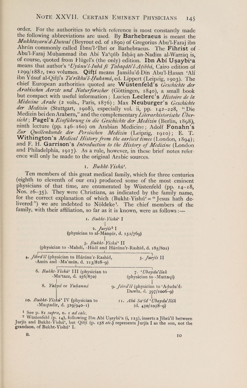 H5 order. For the authorities to which reference is most constantly made the following abbreviations are used. By Barhebraeus is meant the Mukhtcisarii d-Duwal (Beyrout ed. of 1890) of Gregorius Abu’l-Faraj ibn Ahrun commonly called Ibnu’l-Tbri or Barhebraeus. The Fihrist of Abu’l-Faraj Muhammad ibn Abi Ya‘qiib Ishaq an-Nadim al-Warraq is, of course, quoted from Hiigel’s (the only) edition. Ibn Abi Usaybi‘a means that author’s ‘ Uyunib l-lnb a ft Tabaqdti'l-Atibba, Cairo edition of 1299/1882, two volumes. Qiftf means Jamalu’d-Din Abu’l-Hasan ‘Ah' ibn Yusuf al-Qiftfs Talrikhud-Hukamd, ed. Lippert (Leipzig, 1903). The chief European authorities quoted are Wiistenfeld’s Geschichte der Arabischen Aerzte und Naturforscher (Gottingen, 1840), a small book but compact with useful information; Lucien Leclerc’s Histoire de la Medecine Arabe (2 vols., Paris, 1876); Max Neuburger’s Geschichte der Medizin (Stuttgart, 1908), especially vol. ii, pp. 142-228, “ Die Medizin beiden Arabern,” and the complementaryLilerarhistorische Uber- sicht; Pagel’s Etnfiihrung in die Geschichte der Medizin (Berlin, 1898), ninth lecture (pp. 146-160) on Arabian Medicine; Adolf Fonahn’s Zur Qiiellenkunde der Persischen Medizin (Leipzig, 1910); E. T. Withington’s Medical History from the earliest times (London, 1894); and F. H. Garrison’s Introduction to the History of Medicine (London and Philadelphia, 1917). As a rule, however, in these brief notes refer¬ ence will only be made to the original Arabic sources. 1. Bukht-Yishi'B. Ten members of this great medical family, which for three centuries (eighth to eleventh of our era) produced some of the most eminent physicians of that time, are enumerated by Wiistenfeld (pp. 14-18, Nos. 26-35). They were Christians, as indicated by the family name, for the correct explanation of which (Bukht-YishiF =“ Jesus hath de¬ livered”) we are indebted to Noldeke1. The chief members of the family, with their affiliation, so far as it is known, were as follows:— 1. Bukht-Yishu‘ I 2. furjis2 I (physician to al-Mansur, d. 152/769) 3. Bukht- Yishu ‘ II (physician to -Mahdi, -Hadi and ITarunu’r-Rashid, d. 185/801) 1---1-, 4. fibralil (physician to Harunu’r-Rashid, 5. furjis II -Amin and -Ma’miin, d. 213/828-9) 6. Bukht-Yishu‘ III (physician to 7. ‘Ubaydilllah -Mu'tazz, d. 256/870) (physician to -Muttaqi) 8. Yahya or Yuhannd 9. fibrciil (physician to ‘Adudu’d- Dawla, d, 397/1006-9) 10. Bukht-Yishu1 IV (physician to -Muqtadir, d. 329/940-1) 11. Abu Said ‘ Ubayddllah (d. 450/1058-9) 1 See p. 81 supra, n. 1 ad calc. 2 Wiistenfeld (p. 14), following Ibn Abi Usaybi‘a (i, 123), inserts a Jibra’il between Jurjis and Bukht-Yishu‘, but Qifti (p. 158 etc.) represents Jurjis I as the son, not the grandson, of Bukht-Yishu‘ I. B. IO