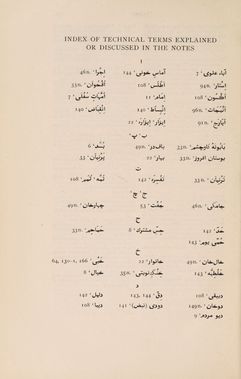 INDEX OF TECHNICAL TERMS EXPLAINED OR DISCUSSED IN THE NOTES I 4611. 4 I^.bJ y 144 ‘ ^bet y 7 ‘ y J 0 J y 0 y 0 33 n* 108 94II. jUwt s 0 j * a j 7 ‘ ^A.A~> Oly^t II ‘v©bo! y 108 4 ^^*£=4 ^ 0 140 4 ^xpLaJI X / y 0 140 4 96 n. ‘Ota^Jl 22 ‘ojljjt ‘jtjjt / ✓ ‘ w> ‘ W> V 9in- ‘jyLl tv J 6 lju»j 49n- j)Ob 33 n- ajjjb 33 ‘ cMh y 22 ♦♦ w> 33. ‘Ls/i! y J wi J  0 - - 0 ^ 108 ‘^,+J 4 142 4 d^**aj’ y 6 i ff C 33 n. ‘ oMP * 4911. ‘ 0 J 53 C 4611. 4 33 n- y 8 4 ^ / Ml ✓ 142 Ul J 143 0 y t 0-1, 166 22 49n- 8 4 JL*. 35 n. y y v> 0 s' 143 4 dUJLJji. y 142 ‘ H3> x44 y 108 108 4 tu£ HI ‘(vAh) i49n* 9 ‘vOj.*