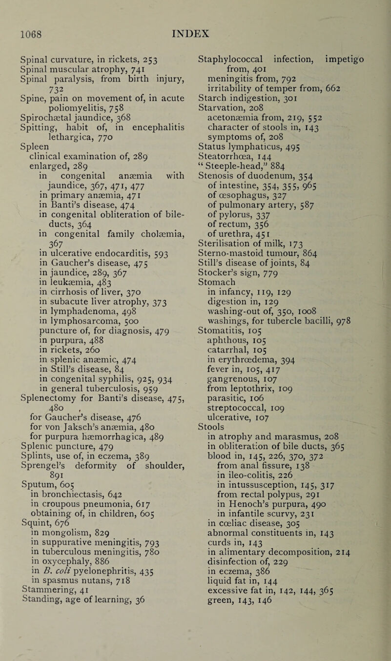 Spinal curvature, in rickets, 253 Spinal muscular atrophy, 741 Spinal paralysis, from birth injury, 73? Spine, pain on movement of, in acute poliomyelitis, 758 Spirochastal jaundice, 368 Spitting, habit of, in encephalitis lethargica, 770 Spleen clinical examination of, 289 enlarged, 289 in congenital anaemia with jaundice, 367, 471, 477 in primary anaemia, 471 in Banti’s disease, 474 in congenital obliteration of bile- ducts, 364 in congenital family cholaemia, 367 in ulcerative endocarditis, 593 in Gaucher’s disease, 475 in jaundice, 289, 367 in leukaemia, 483 in cirrhosis of liver, 370 in subacute liver atrophy, 373 in lymphadenoma, 498 in lymphosarcoma, 500 puncture of, for diagnosis, 479 in purpura, 488 in rickets, 260 in splenic anaemic, 474 in Still’s disease, 84 in congenital syphilis, 925, 934 in general tuberculosis, 959 Splenectomy for Banti’s disease, 475, 480 for Gaucher’s disease, 476 for von Jaksch’s anaemia, 480 for purpura haemorrhagica, 489 Splenic puncture, 479 Splints, use of, in eczema, 389 Sprengel’s deformity of shoulder, 891 Sputum, 605 in bronchiectasis, 642 in croupous pneumonia, 617 obtaining of, in children, 605 Squint, 676 in mongolism, 829 in suppurative meningitis, 793 in tuberculous meningitis, 780 in oxycephaly, 886 in B. coli pyelonephritis, 435 in spasmus nutans, 718 Stammering, 41 Standing, age of learning, 36 Staphylococcal infection, impetigo from, 401 meningitis from, 792 irritability of temper from, 662 Starch indigestion, 301 Starvation, 208 acetonaemia from, 219, 552 character of stools in, 143 symptoms of, 208 Status lymphaticus, 495 Steatorrhoea, 144 “ Steeple-head,” 884 Stenosis of duodenum, 354 of intestine, 354, 355, 965 of oesophagus, 327 of pulmonary artery, 587 of pylorus, 337 of rectum, 356 of urethra, 451 Sterilisation of milk, 173 Sterno-mastoid tumour, 864 Still’s disease of joints, 84 Stocker’s sign, 779 Stomach in infancy, 119, 129 digestion in, 129 washing-out of, 350, 1008 washings, for tubercle bacilli, 978 Stomatitis, 105 aphthous, 105 catarrhal, 105 in erythroedema, 394 fever in, 105, 417 gangrenous, 107 from leptothrix, 109 parasitic, 106 streptococcal, 109 ulcerative, 107 Stools in atrophy and marasmus, 208 in obliteration of bile ducts, 365 blood in, 145, 226, 370, 372 from anal fissure, 138 in ileo-colitis, 226 in intussusception, 145, 317 from rectal polypus, 291 in Henoch’s purpura, 490 in infantile scurvy, 231 in cceliac disease, 305 abnormal constituents in, 143 curds in, 143 in alimentary decomposition, 214 disinfection of, 229 in eczema, 386 liquid fat in, 144 excessive fat in, 142, 144, 365 green, 143, 146