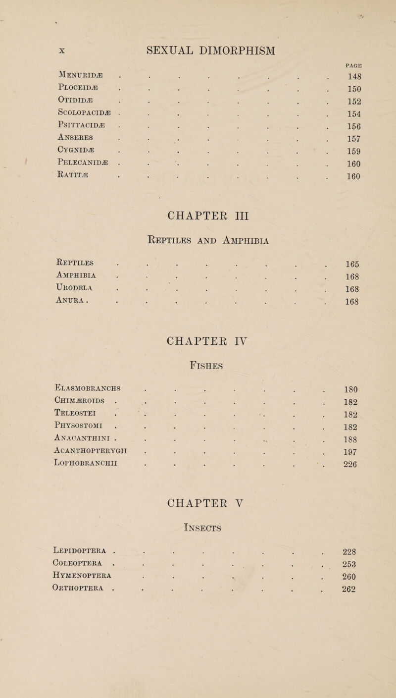 PAGE Menurid.® . . . . . . . .148 Ploceidai . . . . . . . .150 OlTDIDiE . . . . . . . .152 ScolopaciDjE . . . . . . . .154 Psittaciile ........ 150 Anseres ....... 157 Cygnida] ........ 159 Pelecanim; . . . . . . . 100 Ratitle ........ 160 CHAPTER III Reptiles and Amphibia Reptiles ........ 165 Amphibia ........ 168 Ukodela . . . . . . . 100 Anura ......... 108 CHAPTER IV Fishes Elasmobranchs ....... 180 Chim^roids ........ 182 Teleostei . . . . . . , .182 Physostomi ........ 182 Anacanthini ........ 188 Acanthopterygii . . . . . . .197 Lophobranchii . . . . . . 226 CHAPTER V Insects Lepidoptera ........ 228 COLEOPTERA . . . . . . . 253 Hymenoptera ....... 260 Orthoptera ........ 262