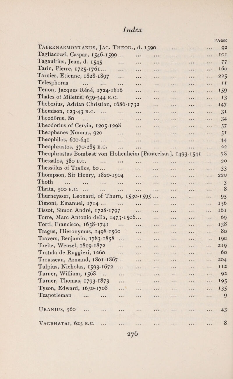 PAGE Tabernakmontanus, Jac. Theod., d. J590 92 Tagliacozzi, Caspar, 1546-1599. 101 Tagaultius, Jean, d. 1545 77 Tarin, Pierre, 1725-1761. 160 Tarnier, Etienne, 1828-1897 225 Telesphorus ... ... ... ... ... ... ... ... 11 Tenon, Jacques Rene, 1724-1816 159 Thales of Miletus, 639-544 b.c. . 13 Thebesius, Adrian Christian, 1686-1732 ... ... ... ... 147 Themison, 123-43 B.C. ... ... ... ... ... ... ... 31 Theodorus, 80 ... ... ... ... ... ... ... ... 34 Theodorius of Cervia, 1205-1298 ... ... ... ... ... 57 Theophanes Nonnus, 920 ... ... ... ... ... ... 51 Theophilos, 610-641 ... ... ... ... ... ... ... 44 Theophrastos, 370-285 B.C. 22 Theophrastus Bombast von Hohenheim [Paracelsus], 1493-1541 .. 78 Thessalos, 380 b.c. ... ... ... ... ... ... ... 20 Thessalus of Tralles, 60 ... ... ... ... ... ... ... 33 Thompson, Sir Henry, 1820-1904 ... ... ... ... ... 220 Thoth . 3 Thrita, 500 B.C. 8 Thurneysser, Leonard, of Thurn, ••• ••• ••• ••• 95 Timoni, Emanuel, 1714... ... ... ... ... ... ... 156 Tissot, Simon Andre, 1728-1797 ••• ••• ••• ... ••• 161 Torre, Marc Antonio della, 1473-1506... ... ... ... ... 69 Torti, Francisco, 1658-1741 ... ... ... ... ... ... 138 Tragus, Hieronymus, 1498-1560 ... ... ... ... ... 80 Travers, Benjamin, 1783-1858 ... ... ... ... ... ... 190 Treitz, Wenzel, 1819-1872 ... ... ... ... ... ... 219 Trotula de Ruggieri, 1260 ... ... ... ... ... ... 60 Trousseau, Armand, 1801-1867.., ... ... ... ... ... 204 Tulpius, Nicholas, 1593-1672 ... ... ... ... ... ... 112 Turner, William, 1568 ... ... ... ... ... ... ... 92 Turner, Thomas, 1793-1873 ... ••• ••• ••• ••• 195 Tyson, Edward, 1650-1708 ... ... ... ... ... ... 135 Tzapotleman .... ... ... ... ... ... ... ... 9 Uranius, 560 43 Vagbhatai, 625 b.c. 8