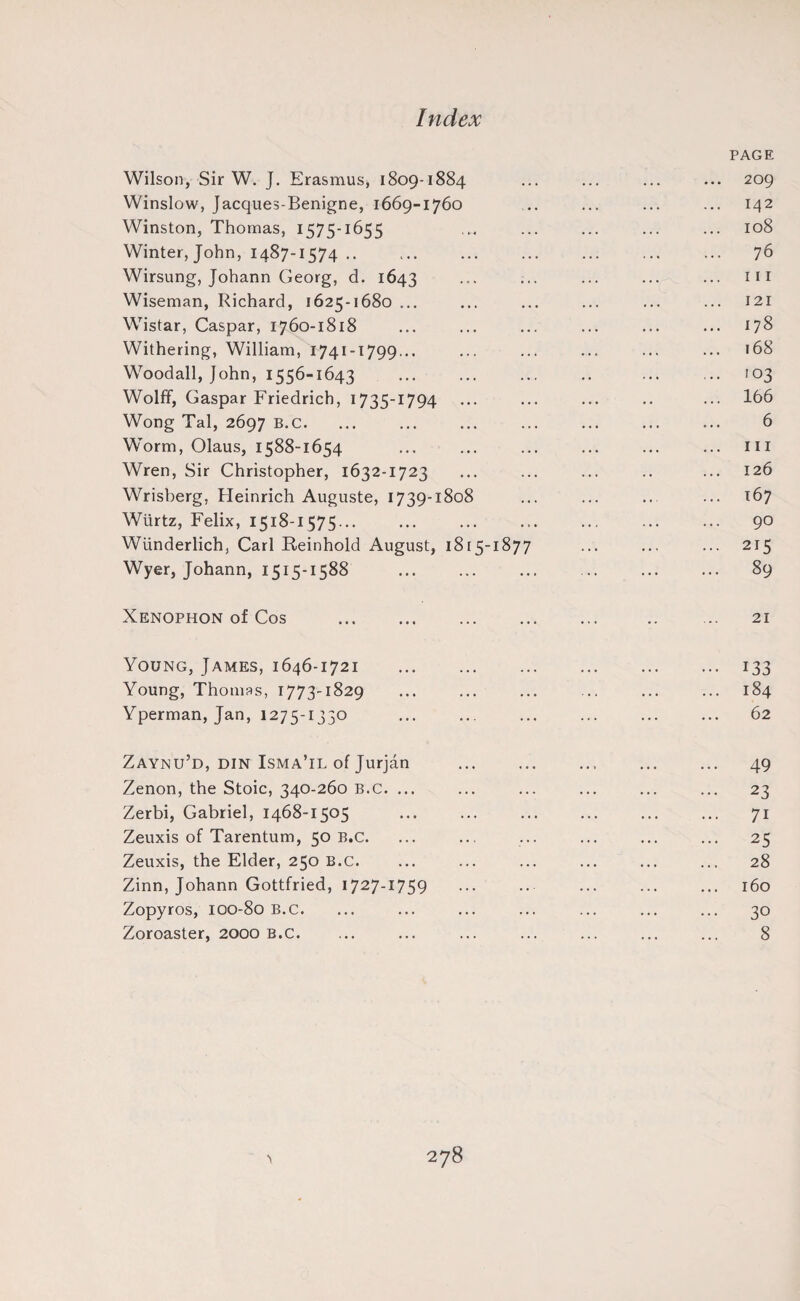 Wilson, Sir W. J. Erasmus, 1809-1884 PAGE 209 Winslow, Jacques-Benigne, 1669-1760 142 Winston, Thomas, 1575-1655 HH O 00 Winter, John, 1487-1574 .. . 76 Wirsung, Johann Georg, d. 1643 III Wiseman, Richard, 1625-1680 ... I 21 Wistar, Caspar, 1760-1818 . 178 Withering, William, 1741-1799... . 168 Woodall, John, 1556-1643 . >03 Wolff, Caspar Friedrich, 1735-1794 .166 Wong Tal, 2697 b.c. . 6 Worm, Olaus, 1588-1654 hi Wren, Sir Christopher, 1632-1723 126 Wrisberg, Heinrich Auguste, 1739-1808 . ... 167 Wtirtz, Felix, 1518-1575... . 90 Wunderlich, Carl Reinhold August, 1815-1877 . 215 Wyer, Johann, 1515-1588 . 89 Xenophon of Cos . 21 Young, James, 1646-1721 . . 133 Young, Thomas, 1773-1829 184 Yperman, Jan, 1275-1330 62 Zaynu’d, din Isma’il of Jurjan . . 49 Zenon, the Stoic, 340-260 B.c. ... . 23 Zerbi, Gabriel, 1468-1505 . 71 Zeuxis of Tarentum, 50 b.c. . 25 Zeuxis, the Elder, 250 b.c. . 28 Zinn, Johann Gottfried, 1727-1759 160 Zopyros, 100-80 b.c. . 30 Zoroaster, 2000 b.c. . 8