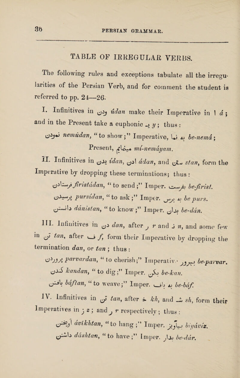 3b TABLE OF IB REGULAR VERBS. The following rules and exceptions tabulate all the irre^u- - O larities of the Persian Verb, and for comment the student is referred to pp. 21—26. I. Infinitives in udan make their Imperative in I d ; and in the Present take a euphonic _j y; thus : nemudan, “to show;” Imperative, Li be-nema; Present, ybL* mt-nemdyam. II. Infinitives in ,jAji idem, ddan, and start, form the Imperative by dropping these terminations; thus : tjAJit'istddan, “to send;” Imper. eu-pj be-Jirist. pursidan, “to ask;” Imper. a; be purs. b ddnistan, “to know;” Imper. Jjj be-ddn. III. Infinitives m dan, after j r and J n, and some few m ^ tan, after uj> f form their Imperative by dropping the termination dan, or ; thus : parvardan, “ to cherish;” Imperative be-parvar. katidan, “to dig;” Imper.. ^ “to weave;” Imper. ^ IV. Infinitives in ^ tan, after > /ck, and sh, form their Imperatives m j z ; and^, r respectively ; thus : cr5^' avikhtan, “to hang ;” Imper. yjJLj biydviz. dashtan, “to have;” Imper. be-ddr.