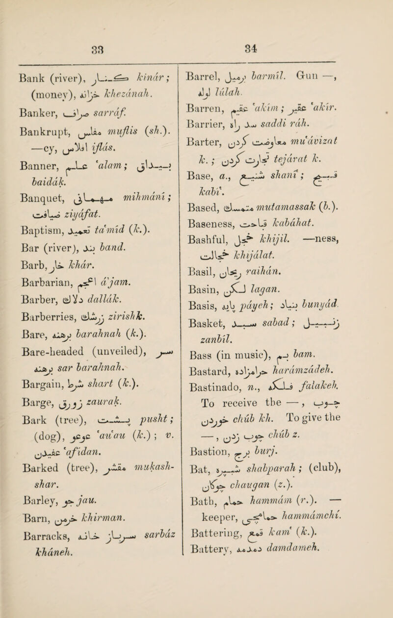 Bank (river), kindr; (money), khezanah. Banker, *_sarraf Bankrupt, muftis (sh.). —cy, ftds. Banner, ^A-c. calam; baiddik. Banquet, (jU-*-* mihmdni; oiL ziydfat. Baptism, tci mid (k.). Bar (river), J,q Barb, khar. Barbarian, a jam. Barber, dalldk. Barberries, zirishk. Bare, barahnah (k.). Bare-beaded (unveiled), tiby sar barahnah. Bargaiu, shart (k.). Barge, jjjj zaurak. Bark (tree), pusht; (dog), jCjc. 'auau (k.) ; v. *afidan. Barked (tree), mukash- shar. Barley, y*jau. Barn, yft* khirman. Barracks, aJli* ft-sarbaz khdneh. Barrel, bar mil. Grun —, Aj\ l ulah. Barren, \ikim ; jJlc 'akir. Barrier, tj saddi rdh. Barter, muavizat k.; \jzjftcjfts? tejdrat k. Base, a., sham ; kabi. Based, i»Lmutamassak (b.). Baseness, o=»Lii kabahat. Bashful, Js? khijil. —ness, oils?* khijalat. Basil, ft&'j raihdn. Basin, jjSCj lagan. Basis, <ub pay eh; bunydid. Basket, sabad; zanbil. Bass (in music), bam. Bastard, hardmzddeh. Bastinado, n., Sft-s at a . To receive the —, »->>-»■ chub kh. To give the — > cMb 2- Bastion, burg. Bat, shabparah ; (club), ftfty* chaugan (z.). Bath, hammdm (r.). — keeper, ^s£“L>. hammdmchi. Battering, £*3 kam (k.). Battery, damdameh.