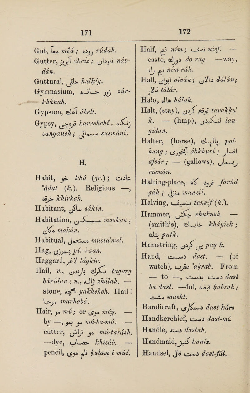 Gut, U* mid ; &Zjj rudah. Glitter, jij\ dbriz; nav- dan. Guttural, Tialkiy. Gymnasium, A-iL» ^ zur- khanah. Gypsum, dhek. Gypsy, karrelicJii, AiSCjy zanganeh; , 3U-*— susmdni. H. Habit, ^ Hm ($r.); (&.). Religious —, khirkah. Habitant, sakin. Habitation, ^ V — » masJcan; makdn. Habitual, musidmel. Hag, ph'-i-zan. Haggard,yiV Idghir. Hail, v., tagarg bdridan; n., *J\j zlidlaJi. — stone, 4.s& yakhcheh. Hail! La,* marJtabd. Hair, <y* mu; or wzwy, — by —, mu-ba-mu. — cutter, j* mu-tardsh. —-dye, u^L-oa. khizab. — pencil, ^1$ kalam i mui. Half, xd mm; nisf — caste, dtjjs do rag. —way, &\j p.) nim ran. Hall, Jy\ aivdn: ddldn; Ji\> talar. Halo, JU Jialah. Halt, (stay), tavakku k. — (limp), lan- gidan. Halter, (horse), isL^JL pal- liang ; dbkhuri; afsdr; — (gallows), rismdn. Halting-place, &K farud gdh ; manzil. Halving, i_jLoIj tansif (k.\ Hammer, chukush. — (smith’s), eL*Aa khdyisk ; dcj putk. Hamstring, ^ pay k. Hand, o~.*o dast. — (of watch), L-jyic ca/crab. From — to —, dast ha dast. —ful, aJu9 kabzah; musht. Handicraft, dast-kan Handkerchief, 1^*0 dast-md Handle, a1*.> dastah. Handmaid, kaniz. Handsel, JL dast-fal,