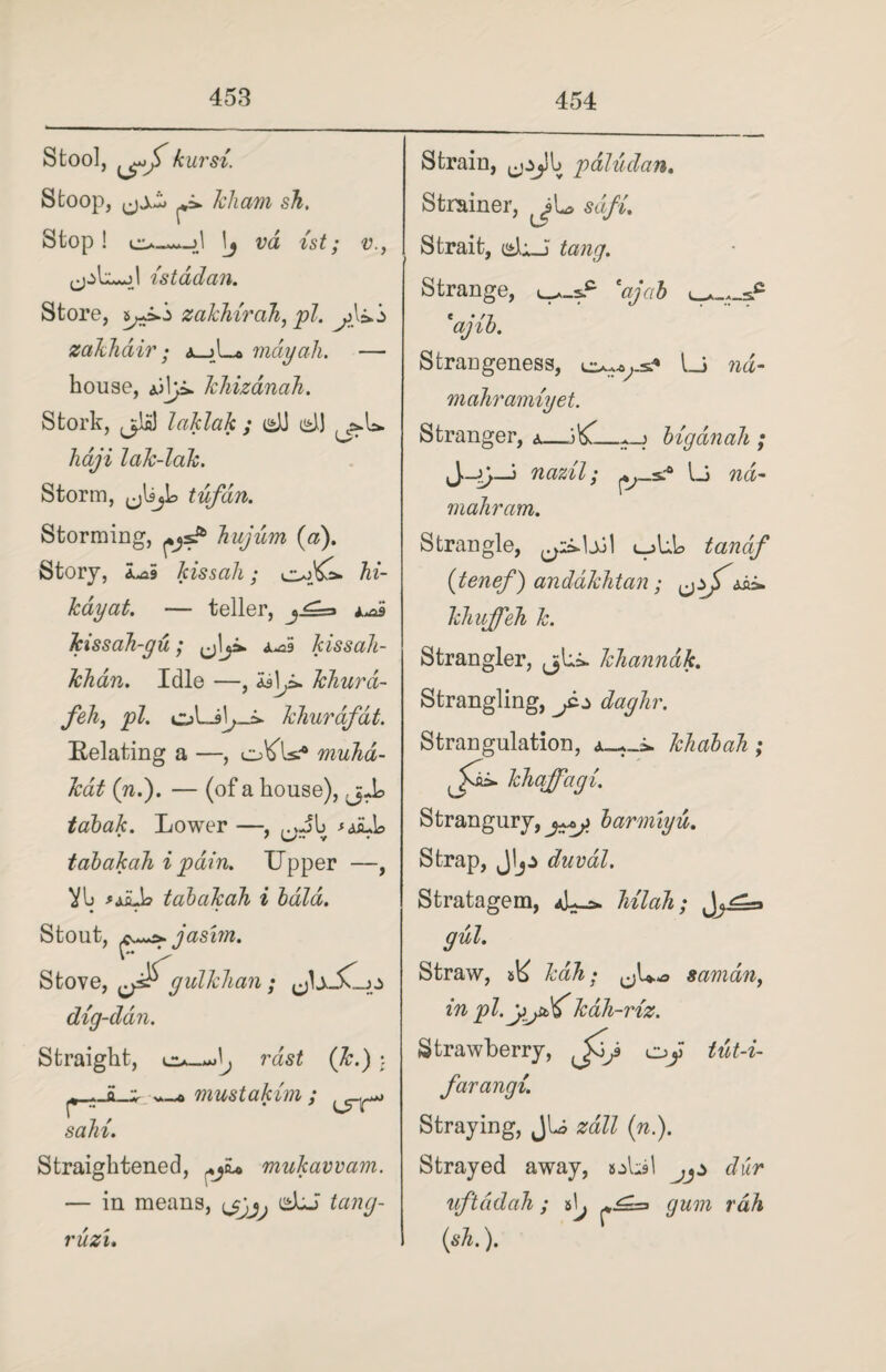 Stool, kursi. Stoop, ^ kham sh. Stop! \j vd ist; v., istadan. Store, s^io zakhirah, pi. y\^ zakhair ; may ah. — house, khizanah. Stork, £) laklak ; dJ d) ^U. haji lak-lak. Storm, tufdn. Storming, ^■s£> hujum (a). Story, 1^9 kiss ah; hi- kayat. — teller, i^a kissah-gu; juaS kissah- khan. Idle —, khurd- feh, pi. khurafdt. Eelating a —, oKlmuha- kdt (n.). — (of a house), tabak. Lower —, ,.vJb *a£,L> tabakah i pain. Upper —, Vh •'jiJ? tabakah i bald. Stout, jas'im. Stove, {jsf gulkhan; dig-ddn. Straight, vast (k.) : —» mustakim ; sain. Straightened, mukavvam. — in means, ygjj dcJ tang- ruzi. Strain, pdludan. Strainer, sdfi. Strait, did tang. Strange, ^_s,c eajab 'ajib. Strangeness, Li nd- mahramiyet. Stranger, a—bigdnah ; J-j}—j nazil; lJ wcL mahram. Strangle, ljU® tandf (tenef) andakhtan; aii. khuffeh k. Strangler, khanndk. Strangling, js.± daghr. Strangulation, khabah ; (JvAs- khaffagi. Strangury, yy barmiyu. Strap, Jlj^ duvdl. Stratagem, hilah; gul. Straw, kah • ,jU-a samdn, in pi. yy^kdh-riz. Strawberry, Oji tut-i- farangi. Straying, JU zall (n.). Strayed away, dd ^ Jwr uftddah; t\j gum rah (sh.).