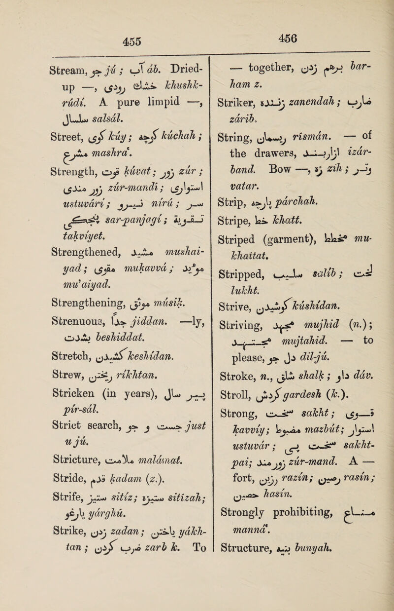 456 Stream, ja. ju ; db. Dried- up —, {jijj khuslik- rudi. A pure limpid —, salsdl. Street, f kuy; *>S kuchah ; ^jLa mashra. Strength, ojS kuvat; jjj zur ; zur-mandi; ustuvari; niru; ij£ssk&1 sar-panjagi; hj-a-j takviyet. Strengthened, ±JL* musTiai- yad; mukavvd ; mu'aiyad. Strengthening, musik. Strenuous, Ua. jiddan. —ly, beshiddat. Stretch, keshidan. Strew, sj'^j rtkhtan. Stricken (in years), JL> pir-sal. Strict search, ja. j just uju. Stricture, malamat. Stride, ^ kadam (z.). Strife, sitiz; sitzzahj yiju yarghu. Strike, ^ zadan; yakh- tan ; zarb k. To — together, bar- ham z. Striker, txJj zanendah; u^U zarib. String, (jU-***^ rismdn. — of the drawers, izar- band. Bow —, sj zih ; v-jj vatar. Strip, A>jh parchah. Stripe, ka. khatt. Striped (garment), kks? mu- khaitat. Stripped, u*-JL» lukht. Strive, kushidan. Striving, mujhid (n.); v ^ •• mujtahid. — to please, ^a. dil-ju. Stroke, w., Stroll, J^zj> gardesh (Jed). Strong, sakht; —5 Jcavviy; \oj~a* mazbut; j\yJ\ ustuvdr; sakht- pai; zur-mand. A — fort, jij} razzn; rasin; hasm. Strongly prohibiting, manna. Structure, bunyah.