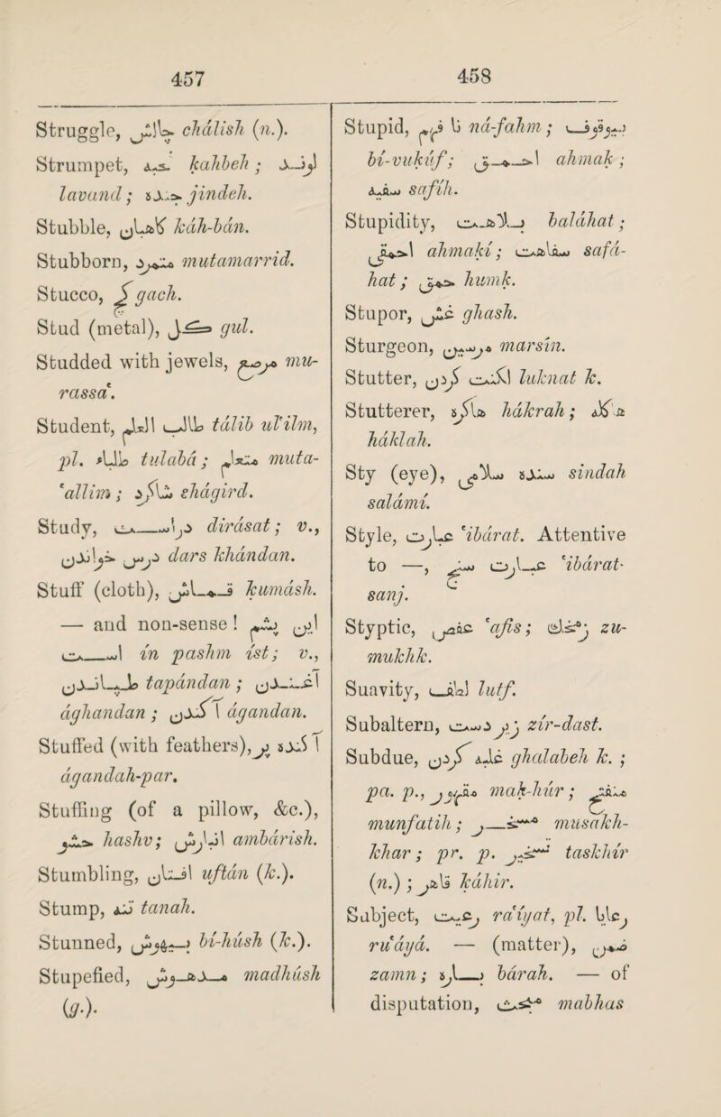 Struggle, ^p!U- chalish (n.). Strumpet, a-s. kaJibeh; Invalid; tx^jindeh. Stubble, kah-bdn. Stubborn, mutcimarrid. Stucco, ^gach. Stud (metal), J^==> gul. Studded with jewels, mu- rassa. Student, Jud! L_Jlb tdlib ul'ihn, A-lb tidcibd; djtXo muta- *allim ; shagird. Study, dirdisat; v., ^,0 Jars Jchdndan. Stuff (clotb), u^—* kumash. Stupid, lj nd-fahm; u-JjSj-j bi-vukuf; ahmalc; S flu'lll • Stupidity, baldhat • ahmaki; cuaU-j safa¬ ll at ; ^*.2* humk. Stupor, ghasJi. Sturgeon, marsin. Stutter, odd luhnat k. Stutterer, sjTU hdkrah; fff a haklah. Sty (eye), »ju-j sindah salami. Style, o^Lc 'ibarat. Attentive to —, o/_-c 'ibarat• . C sang. — and non-sense ! o_-J in pashm ist; v., jjJAI-aA tapdndan; dghandan ; ^x£ 1 dgandan. Stuffed (with feathers),^ txS 1 dgandah-par. Stuffing (of a pillow, &c.), .*■■*. hashv; jj£,U1 ambdrish. Stumbling, uftdn (k.). Stump, <u> tanah. Stunned, bi-liush (7r.). Stupefied, madhdsh (9-)- Styptic, '«/Zs; zu- mukhk. Suavity, t_aWl lutf. Subaltern, j zir-dast. Subdue, die ghalabeh k. ; pa. p., mak-hur; munfatih; j—ir*'0 khar; pr. p. J- musakh- taskhir (n.); j*\a kdliir. Subject, rdiijat, pi. blc, rudya. — (matter), zamn; s,l_> bdrah. — of disputation, mabhas