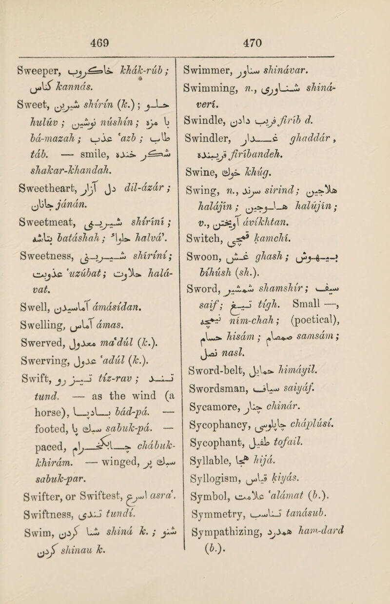 Sweeper, khak-rub; (jrtUT k annas. Sweet, shirin (Jc.); jJL^. huluv ; r^jj niishin; ij* b bd-mazah; ; 4^ lb — smile, j£=kZ> shakar-khan dah. Sweetheart, fj\ J:> dil-dzdr ; janan. Sweetmeat, shir'mi; ^.■bj batashah ; JIJ> halved. Sweetness, shirini; e^jjbc fuzubat; hala- vat. Swell, amasidan. Swelling, ClTTiaS. Swerved, Jjjoc* madul (k.). Swerving, WwZ (&.). Swift, tiz-rav ; tund, — as the wind (a horse), 1_o\_\ bcid-pa. — footed, b di sabuk-pd. — paced, ^ chabuk- khirdm. — winged, <2^ sabuk-par. Swifter, or Swiftest, c,J asra. Swiftness, ^$XJ fundi. Swim, shina k. ; shinau k. Swimmer, jfx> shinavar. Swimming, n,, shina- veri. Swindle, u-opfir'ib d. Swindler, _i- ghaddar , *X~->J> firibandeh. Swine, isJji. khug. Swing, n., sirind; haldjin ; halujin ; dvikhtan. Switch, kamchi. Swoon, Lyi-c ghash; ySj-4—j-; bihush (sh.). Sword, shamshir; saif; tigh. Small —, mm-chah; (poetical), hisdm ; samsdm; J^ai wasZ. Sword-belt, JjUs* liimdyil. Swordsman, saiydf. Sycamore, chindr. Sycophancy, ^jbU. chdplusi. Sycophant, t of ail. Syllable, U* hijd. Syllogism, ^LS kiyas. Symbol, 'aldniat (b.). Symmetry, u»*A,Lj' tandsub. Sympathizing, ham-dard (*.)•