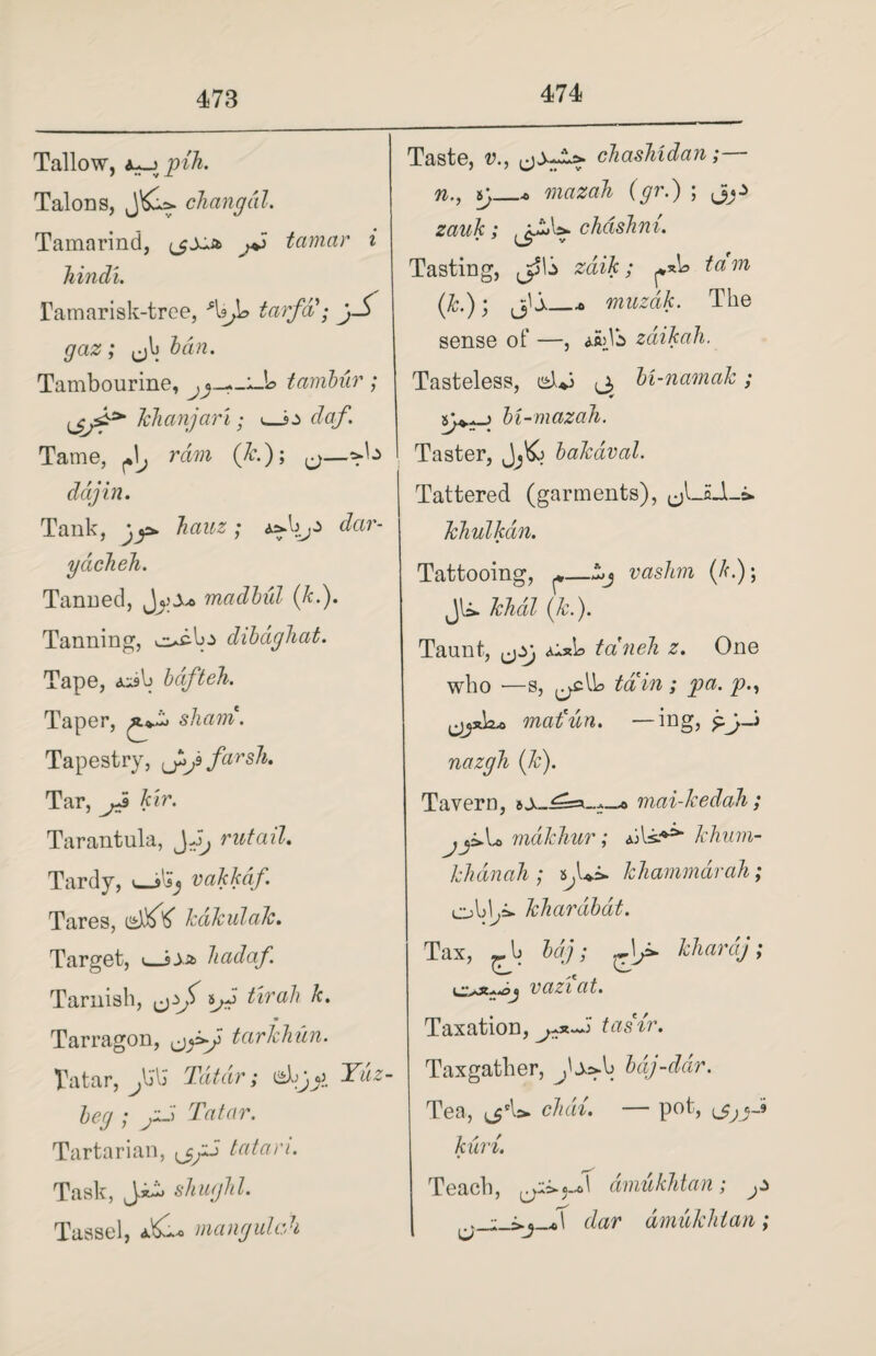 474 Tallow, ju_j pih. Talons, jKL- changed. Tamarind, j+> tamar i hindi. Tamarisk-tree, V3 tarfdd; Y gaz; ^b ban. Tambourine, tarnbur ; Tchanjari; <sz daf. Tame, ^ ram (&.); ddjin. Tank, gy* hauz; dar- ydcheh. Tanned, J^j* madbul (k.). Tanning, voblo dibaghat. Tape, <usb bafteh. Taper, sham. Tapestry, j^jfarsh. Taste, v., chashidan;— n., ij_* mazah (gr.) ; zauk; chcishni. Tasting, zdik; ^*b> tarn (k.); jU_.* muzak. The sense of —, bjb zaikah. Tasteless, ^ bi-namak; hi-mazah. Taster, Jj&> bakaval. Tattered (garments), ^LaJLi. khulkdn. Tattooing, ^—bj vashm (/c.); JU. Jchdl (k.). Taunt, zg Ai»b taneh z. One who •—s, ^clb tain; pa. p mafun. —ing, nazgh (k). Tar, kir. Tarantula, Jb, rutail. Tardy, <_s'J vakkaf. Tares, esJ&V kcikulak. Target, t_sz.z> hadaf. Tarnish, tirah k. Tarragon, ^y>J tarkhun. Tatar, JdM Tatar; Yuz- beg ; jlS Tatar. Tartarian, jpJ tatari. Task, Jib shughl. Tassel, a&L mangulch Tavern, mai-kedah; makhur; bis.** khum- khdnah ; khammarah; obl^5»- khardbdt. Tax, -b bag; khardj; vaziat. Taxation, tasir. Taxgather, jA>b baj-dar. Tea, chdi. — pot, kuri. Teach, amukhtan; jZ dar amukhtan;