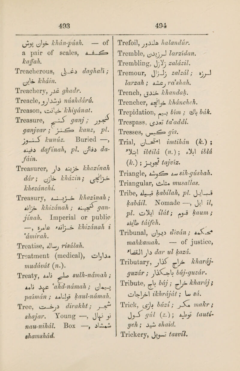 (jIp* khan-push. — of a pair of scales, a_a_^=» Jcaffah. Treacherous, daghali; khdin. Treachery, jSs- ghadr. Treacle, nushdaru. Treason, khiydnat. Treasure, gcinj; ganjvar; Iconz, pi. kunuz. Buried —, tzJs dafinah, pi. da- fain. Treasurer, Anji- khazinah ddr; khazin; khezdnchi. Treasury, khazinah; *}\y» kliizanah ; gan- jinah. Imperial or public —, khizdnah i *amir ah. Treatise, a)U, risalah. Treatment (medical), oljU* muddvdt (n.). Treaty, «ul3 sulh-namah; *-olj 'ahd-ndmah; p aim dm ; a^U1j9 kaul-ndmah. Tree, dirakht; shajar. Young —, j> nau-nihal. Box —i Y«,<<.»<■»»> shamshdd. Trefoil, j<±'A& halandur. Tremble, larzidan. Trembling, JyVy zaldzil. Tremour, J'jJy zalzdl; larzah ; idzs-j ra shah. Trench, khandak. Trencher, asMjs.. khancheh. Trepidation, him ; dh id#. Trespass, (jjy.sJ ta'addi. Tresses, gis. Trial, imtihdn (Jed) ; *!!5bd ibtild (??.) ; <Yd ibid (&.) ; s? tajviz. Triangle, <3^^= ^ sih-gushah. Triangular, i±a!lU musallas. Tribe, aL_J kabilah, pi. kabdil. Nomade —, JjJ */, pi. o Y>J ilat; ^j-9 kaum; am lb tdifeh. Tribunal, divan; a.*.5C_s.* mahkamah. — of justice, 'LaiiJl jb dar ul kazd. Tributary, jljif khardj- guzdr ; f jdC^-b bdj-guzar. Tribute, baj; khardj ; oUl^i.1 ikhrdjdt; L» sd. Trick, (_5yV) bazt; jdK* makr; JjdT gtil (z.) ; dYy tauti- yeh; sliaid. Trickery, Jjj~J tasvil.