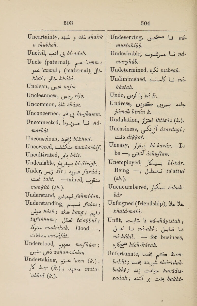 Uncertainty, j dL shakk o shubheh. Uncivil, ^ bi-adab. Uncle (paternal), eamm; j+c. 'ammu ; (maternal), JL khdl; jjli. khdlu. Unclean, najis. Uncleanness, rijs. Uncommon, iL sliazz. Unconcerned, bi-yhamm. Unconnected, Li wa- marbut Unconscious, Ukhud. Uncovered, munkashif. Uncultivated, ^>b ^>. Undeniable, M-dirigh. Under, s/r; /«nW; —mined, mankub (sh.). Understand, fahmidan. Understanding, fahm; hush; ^st> hang ; tafahhum; JjLxl tdakkul; y Ajo,* madrikah. Good —, musafdt. Understood, mafhum ; j zahan-nishtn. Undertaking, tazm (k.) ; /rar (7r.) ; muta- 'ahhid (&.). Undeserving, L ?2a- mustahikk. • « Undesirable, Li wa- marghub. Undetermined, s^i nulcrah. Undiminished, A_i_-.iT Li wa- kastah. Undo, h m A’. Undress, a*L jameh birun k. Undulation, jlp&l ihtizaz (k.). Uneasiness, dzardagi; dikkat. Uneasy, J\ji. > bi-kardr. Tvi be —, dshuftan. Unemployed, U-kdr. Being —, taattul (sh.). Unencumbered, jLC-. sabuk- bar Unfeigned (friendship), \A khald-mala. Unfit, L li nd-shdyistah; J_al L na-ahl; J-fiJ L nd-kdbil. — for business, Sj&s^4* Inch-karah. Unfortunate, bakht; shuridah- bakht; sjt. ooL*. havcidis- zadah ; a-L> ji ci**. bakht-