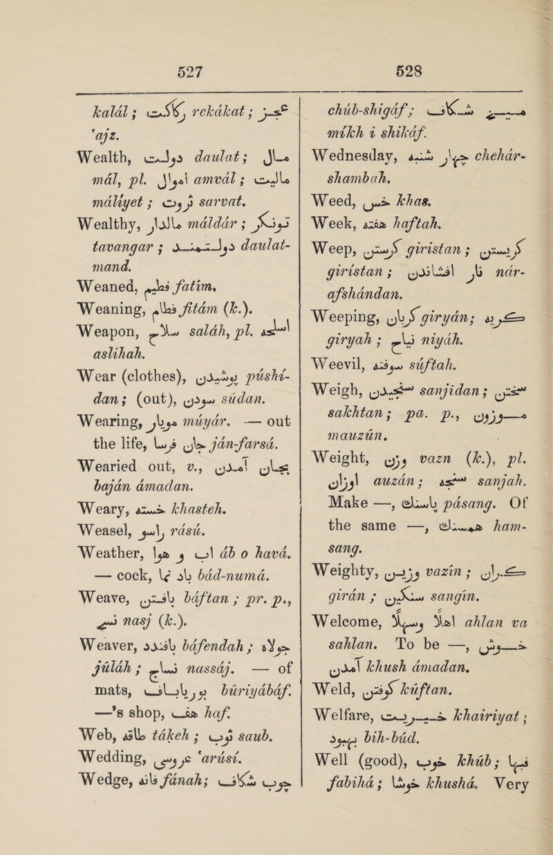 Icalal; 0.5^, rekctkat; ajz. Wealth, o-Jjz daulat; JL. mdl, pi. arrival; oJL mdliyet ; cojj saw at. Wealthy, J\±JU rnalddr ; jCjjJ tavangar; daulat- viand. Weaned, *2osfatim. Weaning, ^nsfitam (k.). Weapon, salah, pi. asM asliJiah. Wear (clothes), pushi- dan; (out), sudan. Wearing, .bj* muydr, — out the life, Ly jdn-farsd. Wearied out, v., ^Lss bay an dmadan. Weary, Ai«*a. khasteh. Weasel, nmk Weather, j c__d o hava. — cock, do bad-numd. Weave, ^yLib bdftan ; pr. p., ^ nasj (k.). Weaver, ±y«$\j bdfendah; julah ; nassdj. — of mats, <_si—> \) j Cj) buriyabaf. —*s shop, ^iib haf. Web, aSU© takeh ; saub. Wedding, 'arusi. Wedge, ajU fanah; chub-skigaf ; ._j^__ milch i shikaf Wednesday, y^a. cliehar- shambah. Weed, ^a. Week, * tj Weep, giristan ; giristan; I TICIV- ofshandan. Weeping, Jojfgirydn; giryah ; niydh. Weevil, suftali. Weigh, ^..sa*** savjidan; sakhtan ; pa. p., (jjjj_-o mauzun. Weight, vazn (Jc.), pi. auzan; as.**** sanjab. Make —, (sL^b pasang. Of the same —, isUw*.* havi- sang. Weighty, girdn ; of-- sangin. Welcome, iUl ahlan va sahlan. To be —, >. khush dmadan. Weld, ^^kuftan. Welfare, eu_j^__j_.a» Jchairiyat; j bih-bud. Well (good), fabihd; lip. k Jins ha. Very