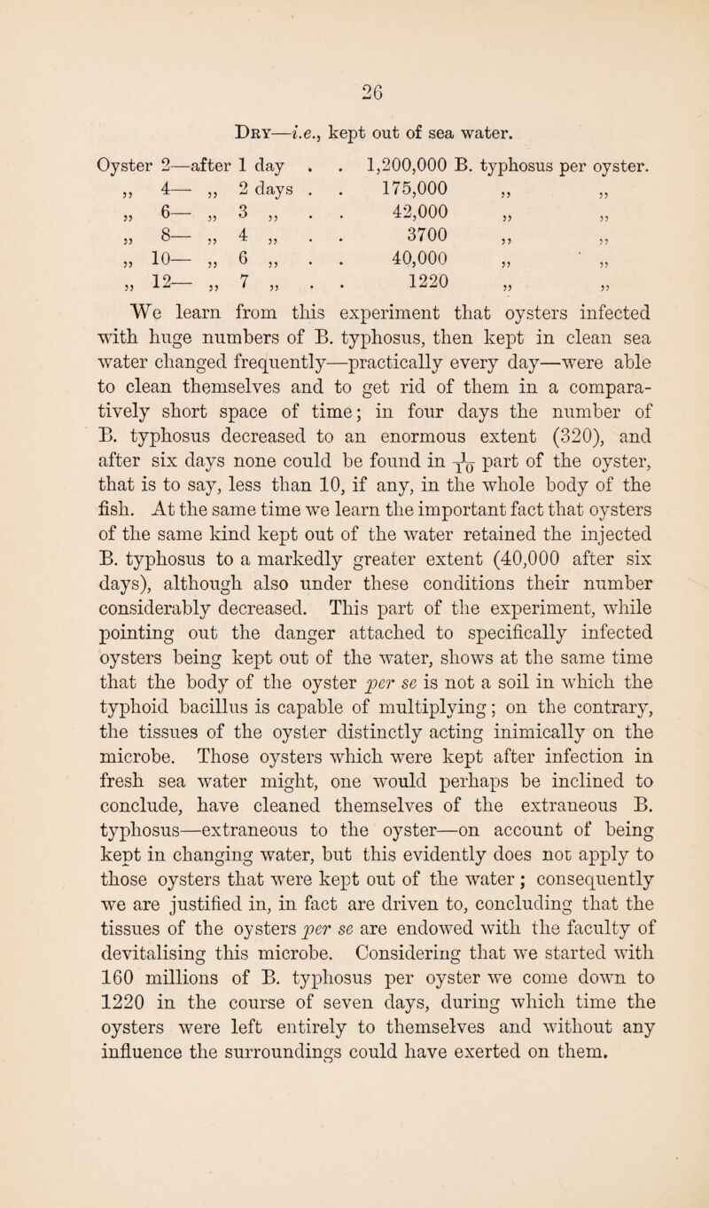 Dry—i.e., kept out of sea water. Oyster 2—after 1 clay „ 4— „ 2 days „ 6— „ 3 „ 8_ 4 55 u 55 ^ 55 55 10— „ 6 „ 1,200,000 B. typhosus per oyster. 175,000 42,000 ,, ,, 3700 40,000 1220 55 55 55 55 55 We learn from this experiment that oysters infected with huge numbers of B. typhosus, then kept in clean sea water changed frequently—practically every day—were able to clean themselves and to get rid of them in a compara¬ tively short space of time; in four days the number of B. typhosus decreased to an enormous extent (320), and after six days none could be found in ^ part of the oyster, that is to say, less than 10, if any, in the whole body of the fish. At the same time we learn the important fact that oysters of the same kind kept out of the water retained the injected B. typhosus to a markedly greater extent (40,000 after six days), although also under these conditions their number considerably decreased. This part of the experiment, while pointing out the danger attached to specifically infected oysters being kept out of the water, shows at the same time that the body of the oyster per se is not a soil in which the typhoid bacillus is capable of multiplying; on the contrary, the tissues of the oyster distinctly acting inimically on the microbe. Those oysters which were kept after infection in fresh sea water might, one would perhaps be inclined to conclude, have cleaned themselves of the extraneous B. typhosus—extraneous to the oyster—on account of being kept in changing water, but this evidently does nor apply to those oysters that were kept out of the water ; consequently we are justified in, in fact are driven to, concluding that the tissues of the oysters per se are endowed with the faculty of devitalising this microbe. Considering that we started with 160 millions of B. typhosus per oyster we come down to 1220 in the course of seven days, during which time the oysters were left entirely to themselves and without any influence the surroundings could have exerted on them.