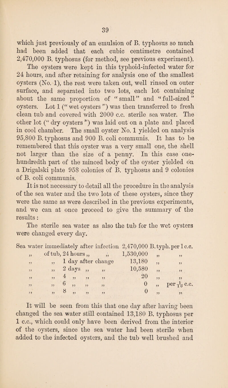 which just previously of an emulsion of B. typhosus so much had been added that each cubic centimetre contained 2,470,000 B. typhosus (for method, see previous experiment). The oysters were kept in this typhoid-infected water for 24 hours, and after retaining for analysis one of the smallest oysters (No. 1), the rest were taken out, well rinsed on outer surface, and separated into two lots, each lot containing about the same proportion of “ small ” and “ full-sized ” oysters. Lot 1 (“ wet oysters ”) was then transferred to fresh clean tub and covered with 2000 c.c. sterile sea water. The other lot (“ dry oysters ”) was laid out on a plate and placed in cool chamber. The small oyster No. 1 yielded on analysis 95,800 B. typhosus and 900 B. coli communis. It has to be remembered that this oyster was a very small one, the shell not larger than the size of a penny. In this case one- hundredth part of the minced body of the oyster yielded on a Drigalski plate 958 colonies of B. typhosus and 9 colonies of B. coli communis. It is not necessary to detail all the procedure in the analysis of the sea water and the two lots of these oysters, since they were the same as were described in the previous experiments, and we can at once proceed to give the summary of the results : The sterile sea water as also the tub for the wet oysters were changed every day. Sea water immediately after infection 2,470,000 B.typh.per 1 c.c. 33 of tub, 24 hours ,, ,', 1,530,000 33 >> 33 ,, 1 day after change 13,180 33 33 33 2 days ,, ,, 10,580 33 J) 33 4 33 ^ 33 3 3 3 3 20 33 5? 33 6 33 ^ 3 3 3 3 3 3 0 33 per TL- c.c. 33 <J 33 ° 3 3 33 3 3 0 33 33 It will be seen from this that one day after having been changed the sea water still contained 13,180 B. typhosus per 1 c.c., which could only have been derived from the interior of the oysters, since the sea water had been sterile when added to the infected oysters, and the tub well brushed and