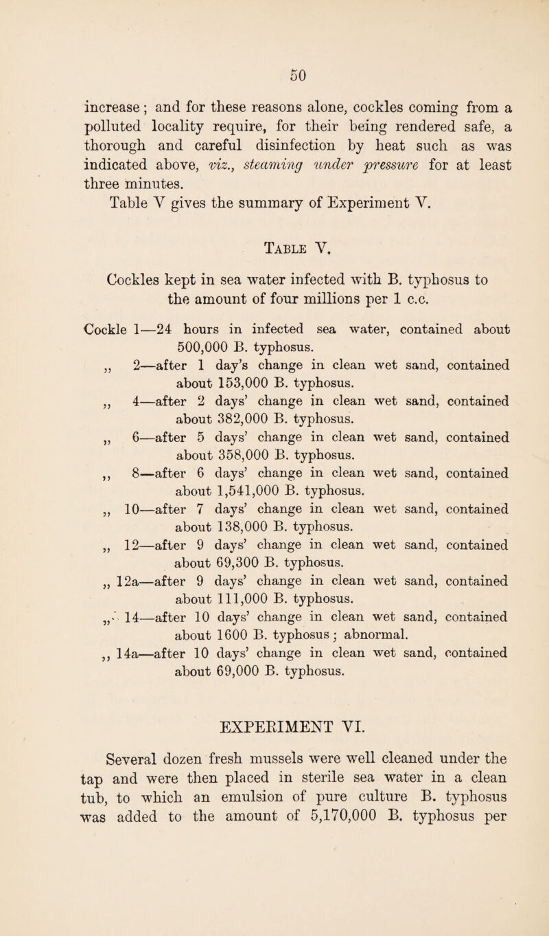 increase; and for these reasons alone, cockles coming from a polluted locality require, for their being rendered safe, a thorough and careful disinfection by heat such as was indicated above, viz., steaming under pressure for at least three minutes. Table V gives the summary of Experiment Y. Table Y. Cockles kept in sea water infected with B. typhosus to the amount of four millions per 1 c.c. Cockle 1—24 hours in infected sea water, contained about 500,000 B. typhosus. ,, 2—after 1 day’s change in clean wet sand, contained about 153,000 B. typhosus. ,, 4—after 2 days’ change in clean wet sand, contained about 382,000 B. typhosus. „ 6—after 5 days’ change in clean wet sand, contained about 358,000 B. typhosus. ,, 8—after 6 days’ change in clean wet sand, contained about 1,541,000 B. typhosus. ,, 10—after 7 days’ change in clean wet sand, contained about 138,000 B. typhosus. ,, 12—after 9 days’ change in clean wet sand, contained about 69,300 B. typhosus. ,, 12a—after 9 days’ change in clean wet sand, contained about 111,000 B. typhosus. 14—after 10 days’ change in clean wet sand, contained about 1600 B. typhosus; abnormal. ,, 14a—after 10 days’ change in clean wet sand, contained about 69,000 B. typhosus. EXPERIMENT VI. Several dozen fresh mussels were well cleaned under the tap and were then placed in sterile sea water in a clean tub, to which an emulsion of pure culture B. typhosus was added to the amount of 5,170,000 B. typhosus per