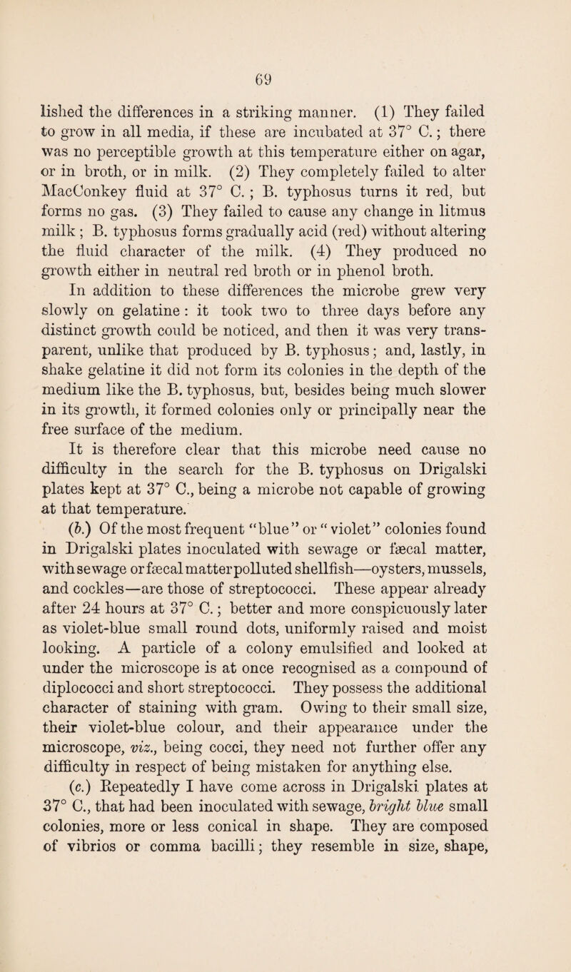 lished the differences in a striking manner. (1) They failed to grow in all media, if these are incubated at 37° C.; there was no perceptible growth at this temperature either on agar, or in broth, or in milk. (2) They completely failed to alter MacConkey fluid at 37° C. ; B. typhosus turns it red, but forms no gas. (3) They failed to cause any change in litmus milk ; B. typhosus forms gradually acid (red) without altering the fluid character of the milk. (4) They produced no growth either in neutral red broth or in phenol broth. In addition to these differences the microbe grew very slowly on gelatine : it took two to three days before any distinct growth could be noticed, and then it was very trans¬ parent, unlike that produced by B. typhosus; and, lastly, in shake gelatine it did not form its colonies in the depth of the medium like the B. typhosus, but, besides being much slower in its growth, it formed colonies only or principally near the free surface of the medium. It is therefore clear that this microbe need cause no difficulty in the search for the B. typhosus on Drigalski plates kept at 37° C., being a microbe not capable of growing at that temperature. (b.) Of the most frequent “blue” or “ violet” colonies found in Drigalski plates inoculated with sewage or faecal matter, with sewage or faecal matter polluted shellfish—oysters, mussels, and cockles—are those of streptococci. These appear already after 24 hours at 37° C.; better and more conspicuously later as violet-blue small round dots, uniformly raised and moist looking. A particle of a colony emulsified and looked at under the microscope is at once recognised as a compound of diplococci and short streptococci. They possess the additional character of staining with gram. Owing to their small size, their violet-blue colour, and their appearance under the microscope, viz., being cocci, they need not further offer any difficulty in respect of being mistaken for anything else. (c.) Ptepeatedly I have come across in Drigalski plates at 37° C., that had been inoculated with sewage, bright blue small colonies, more or less conical in shape. They are composed of vibrios or comma bacilli; they resemble in size, shape,