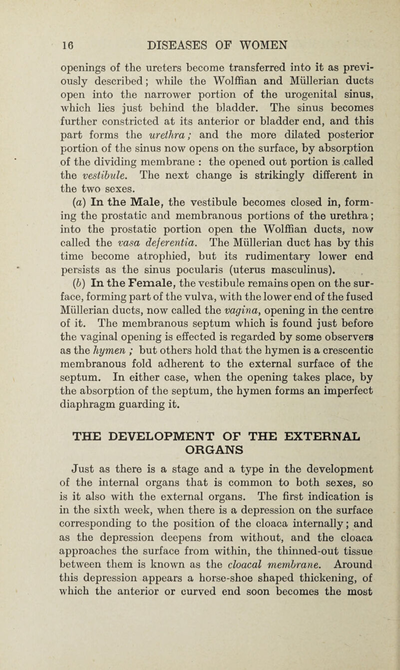 openings of the ureters become transferred into it as previ¬ ously described; while the Wolffian and Mullerian ducts open into the narrower portion of the urogenital sinus, which lies just behind the bladder. The sinus becomes further constricted at its anterior or bladder end, and this part forms the urethra; and the more dilated posterior portion of the sinus now opens on the surface, by absorption of the dividing membrane : the opened out portion is called the vestibule. The next change is strikingly different in the two sexes. (a) In the Male, the vestibule becomes closed in, form¬ ing the prostatic and membranous portions of the urethra; into the prostatic portion open the Wolffian ducts, now called the vasa dejerentia. The Mullerian duct has by this time become atrophied, but its rudimentary lower end persists as the sinus pocularis (uterus masculinus). (b) In the Female, the vestibule remains open on the sur¬ face, forming part of the vulva, with the lower end of the fused Mullerian ducts, now called the vagina, opening in the centre of it. The membranous septum which is found just before the vaginal opening is effected is regarded by some observers as the hymen ; but others hold that the hymen is a crescentic membranous fold adherent to the external surface of the septum. In either case, when the opening takes place, by the absorption of the septum, the hymen forms an imperfect diaphragm guarding it. THE DEVELOPMENT OF THE EXTERNAL ORGANS Just as there is a stage and a type in the development of the internal organs that is common to both sexes, so is it also with the external organs. The first indication is in the sixth week, when there is a depression on the surface corresponding to the position of the cloaca internally; and as the depression deepens from without, and the cloaca approaches the surface from within, the thinned-out tissue between them is known as the cloacal membrane. Around this depression appears a horse-shoe shaped thickening, of which the anterior or curved end soon becomes the most
