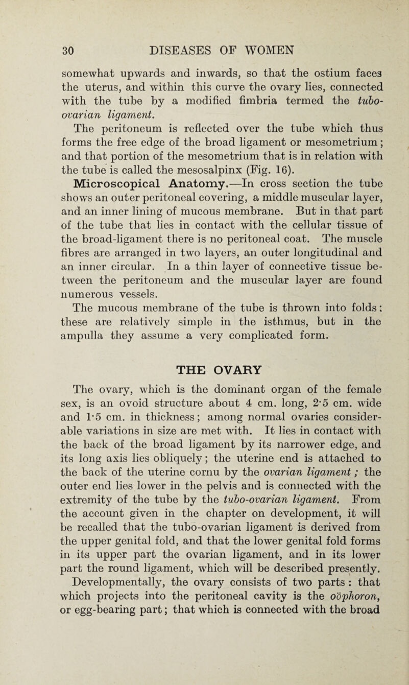 somewhat upwards and inwards, so that the ostium face3 the uterus, and within this curve the ovary lies, connected with the tube by a modified fimbria termed the tubo- ovarian ligament. The peritoneum is reflected over the tube which thus forms the free edge of the broad ligament or mesometrium; and that portion of the mesometrium that is in relation with the tube is called the mesosalpinx (Fig. 16). Microscopical Anatomy.—In cross section the tube shows an outer peritoneal covering, a middle muscular layer, and an inner lining of mucous membrane. But in that part of the tube that lies in contact with the cellular tissue of the broad-ligament there is no peritoneal coat. The muscle fibres are arranged in two layers, an outer longitudinal and an inner circular. In a thin layer of connective tissue be¬ tween the peritoneum and the muscular layer are found numerous vessels. The mucous membrane of the tube is thrown into folds; these are relatively simple in the isthmus, but in the ampulla they assume a very complicated form. THE OVARY The ovary, which is the dominant organ of the female sex, is an ovoid structure about 4 cm. long, 2’5 cm. wide and T5 cm. in thickness; among normal ovaries consider¬ able variations in size are met with. It lies in contact with the back of the broad ligament by its narrower edge, and its long axis lies obliquely; the uterine end is attached to the back of the uterine cornu by the ovarian ligament ; the outer end lies lower in the pelvis and is connected with the extremity of the tube by the tubo-ovarian ligament. From the account given in the chapter on development, it will be recalled that the tubo-ovarian ligament is derived from the upper genital fold, and that the lower genital fold forms in its upper part the ovarian ligament, and in its lower part the round ligament, which will be described presently. Developmentally, the ovary consists of two parts : that which projects into the peritoneal cavity is the oophoron, or egg-bearing part; that which is connected with the broad