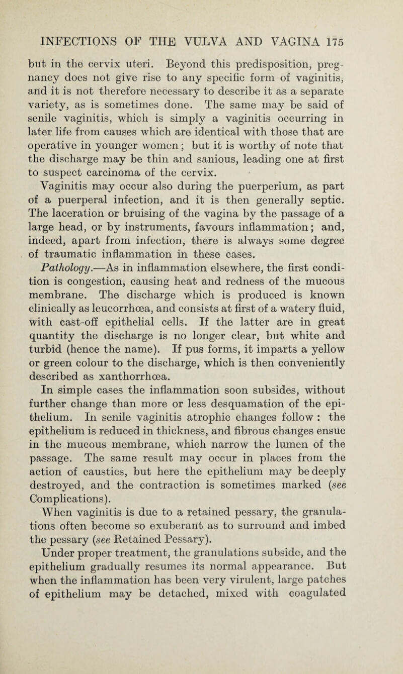 but in the cervix uteri. Beyond this predisposition, preg¬ nancy does not give rise to any specific form of vaginitis, and it is not therefore necessary to describe it as a separate variety, as is sometimes done. The same may be said of senile vaginitis, which is simply a vaginitis occurring in later life from causes which are identical with those that are operative in younger women; but it is worthy of note that the discharge may be thin and sanious, leading one at first to suspect carcinoma of the cervix. Vaginitis may occur also during the puerperium, as part of a puerperal infection, and it is then generally septic. The laceration or bruising of the vagina by the passage of a large head, or by instruments, favours inflammation; and, indeed, apart from infection, there is always some degree of traumatic inflammation in these cases. Pathology.—As in inflammation elsewhere, the first condi¬ tion is congestion, causing heat and redness of the mucous membrane. The discharge which is produced is known clinically as leucorrhoea, and consists at first of a watery fluid, with cast-off epithelial cells. If the latter are in great quantity the discharge is no longer clear, but white and turbid (hence the name). If pus forms, it imparts a yellow or green colour to the discharge, which is then conveniently described as xanthorrhcea. In simple cases the inflammation soon subsides, without further change than more or less desquamation of the epi¬ thelium. In senile vaginitis atrophic changes follow : the epithelium is reduced in thickness, and fibrous changes ensue in the mucous membrane, which narrow the lumen of the passage. The same result may occur in places from the action of caustics, but here the epithelium may be deeply destroyed, and the contraction is sometimes marked (see Complications). When vaginitis is due to a retained pessary, the granula¬ tions often become so exuberant as to surround and imbed the pessary (see Retained Pessary). Under proper treatment, the granulations subside, and the epithelium gradually resumes its normal appearance. But when the inflammation has been very virulent, large patches of epithelium may be detached, mixed with coagulated