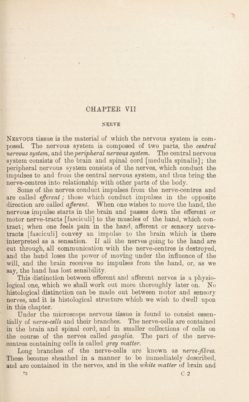 CHAPTER VII NERVE Nervous tissue is the material of which the nervous system is com¬ posed. The nervous system is composed of two parts, the central nervous system, and the peripheral nervous system. The central nervous system consists of the brain and spinal cord [medulla spinalis]; the peripheral nervous system consists of the nerves, which conduct the impulses to and from the central nervous system, and thus bring the nerve-centres into relationship with other parts of the body. Some of the nerves conduct impulses from the nerve-centres and are called efferent; those which conduct impulses in the opposite direction are called afferent. When one wishes to move the hand, the nervous impulse starts in the brain and passes down the efferent or motor nerve-tracts [fasciculi] to the muscles of the hand, which con¬ tract; when one feels pain in the hand, afferent or sensory nerve- tracts [fasciculi] convey an impulse to the brain which is there interpreted as a sensation. If ail the nerves going to the hand are cut through, all communication with the nerve-centres is destroyed, and the hand loses the power of moving under the influence of the will, and the brain receives no impulses from the hand, or, as we say, the hand has lost sensibility. This distinction between efferent and afferent nerves is a physio¬ logical one, which we shall work out more thoroughly later on. No histological distinction can be made out between motor and sensory nerves, and it is histological structure which we wish to dwell upon in this chapter. Under the microscope nervous tissue is found to consist essen¬ tially of nerve-cells and their branches. The nerve-cells are contained in the brain and spinal cord, and in smaller collections of cells on the course of the nerves called ganglia. The part of the nerve- centres containing cells is called grey matter. Long branches of the nerve-cells are known as nerve-fibres. These become sheathed in a manner to be immediately described, and are contained in the nerves, and in the white matter of brain and