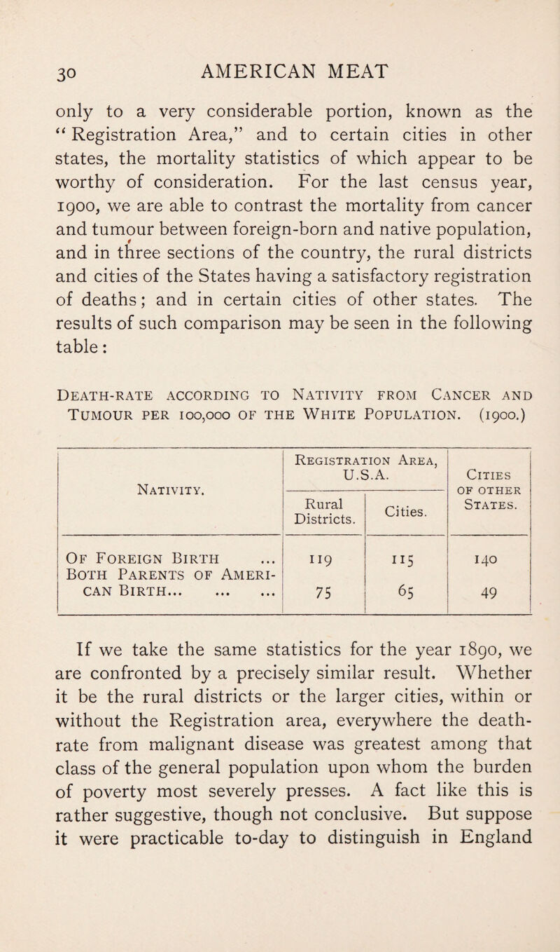 only to a very considerable portion, known as the “ Registration Area,” and to certain cities in other states, the mortality statistics of which appear to be worthy of consideration. For the last census year, 1900, we are able to contrast the mortality from cancer and tumour between foreign-born and native population, and in three sections of the country, the rural districts and cities of the States having a satisfactory registration of deaths; and in certain cities of other states. The results of such comparison may be seen in the following table: Death-rate according to Nativity from Cancer and Tumour per 100,000 of the White Population. (1900.) Nativity. Registration Area, U.S.A. Cities OF OTHER States. Rural Districts. Cities. Of Foreign Birth Both Parents of Ameri- 119 115 140 can Birth. 75 65 49 If we take the same statistics for the year 1890, we are confronted by a precisely similar result. Whether it be the rural districts or the larger cities, within or without the Registration area, everywhere the death- rate from malignant disease was greatest among that class of the general population upon whom the burden of poverty most severely presses. A fact like this is rather suggestive, though not conclusive. But suppose it were practicable to-day to distinguish in England