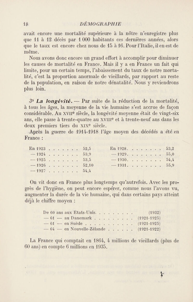 avait encore une mortalité supérieure à la nôtre n’enregistre plus que 11 à 12 décès par 1 000 habitants ces dernières années, alors que le taux est encore chez nous de 15 à 16. Pour l’Italie, il en est de même. Nous avons donc encore un grand effort à accomplir pour diminuer les causes de mortalité en France. Mais il y a en France un fait qui limite, pour un certain temps, l’abaissement du taux de notre morta¬ lité, c’est la proportion anormale de vieillards, par rapport au reste de la population, en raison de notre dénatalité. Nous y reviendrons plus loin. 3° La longévité. — Par suite de la réduction de la mortalité, à tous les âges, la moyenne de la vie humaine s’est accrue de façon considérable. Au XVIIe siècle, la longévité moyenne était de vingt-six ans, elle passe à trente-quatre au XVIIIe et à trente-neuf ans dans les deux premiers tiers du xixe siècle. Après la guerre de 1914-1918 l’âge moyen des décédés a été en France : En 1923 . 52,5 En 1928. 53,2 — 1924 . 53,9 — 1929. 55,0 — 1925 . 53,5 — 1930. 54,4 — 1926 . 52,10 — 1931. 55,9 — 1927 . 54,4 On vit donc en France plus longtemps qu’autrefois. Avec les pro¬ grès de l’hygiène, on peut encore espérer, comme nous l’avons vu, augmenter la durée de la vie humaine, qui dans certains pays atteint déjà le chiffre moyen : De 60 ans aux Etats-Unis. (1932) — 61 — au Danemark.(1921-1925) — 61 — en Suède.(1921-1925) — 64 ■—-en Nouvelle-Zélande.(1921-1922) La France qui comptait en 1864, 4 millions de vieillards (plus de 60 ans) en compte 6 millions en 1935.