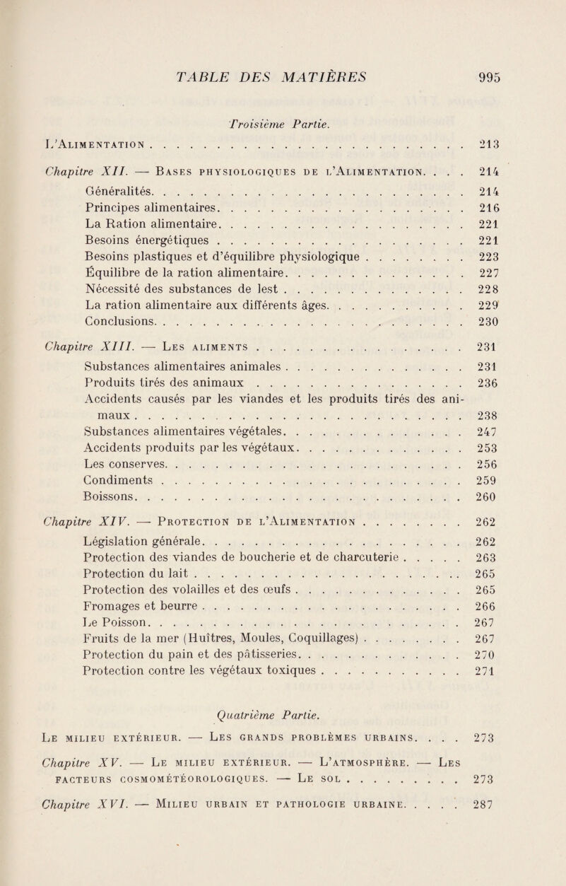 Troisième Partie. L’Alimentation.213 Chapitre XII. — Bases physiologiques de l’Alimentation. . . . 214 Généralités.214 Principes alimentaires.. 216 La Ration alimentaire..221 Besoins énergétiques.221 Besoins plastiques et d’équilibre physiologique.223 Équilibre de la ration alimentaire.227 Nécessité des substances de lest ..228 La ration alimentaire aux différents âges.229 Conclusions.230 Chapitre XIII. — Les aliments.231 Substances alimentaires animales.231 Produits tirés des animaux.236 Accidents causés par les viandes et les produits tirés des ani¬ maux .238 Substances alimentaires végétales.247 Accidents produits par les végétaux.253 Les conserves.256 Condiments.259 Boissons.260 Chapitre XIV. — Protection de l’Alimentation.262 Législation générale.262 Protection des viandes de boucherie et de charcuterie.263 Protection du lait.265 Protection des volailles et des oeufs.265 Fromages et beurre.266 Le Poisson.267 Fruits de la mer (Huîtres, Moules, Coquillages).267 Protection du pain et des pâtisseries.270 Protection contre les végétaux toxiques.271 Quatrième Partie. Le milieu extérieur. — Les grands problèmes urbains. . . . 273 Chapitre XV. — Le milieu extérieur. — L’atmosphère. — Les facteurs cosmométéorologiques. — Le sol.273 Chapitre XVI. — Milieu urbain et pathologie urbaine.287