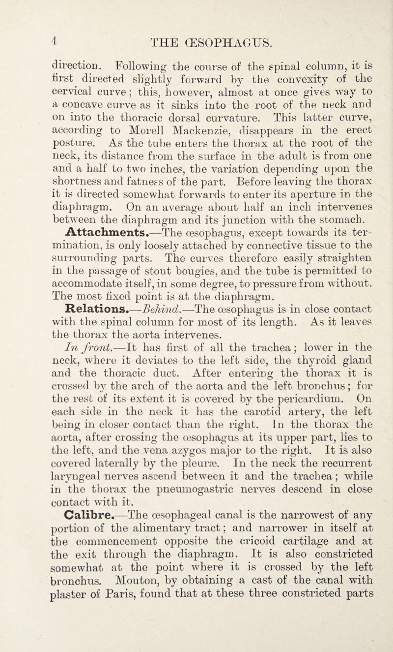 direction. Following the course of the spinal column, it is first directed slightly forward by the convexity of the cervical curve ; this, however, almost at once gives way to a concave curve as it sinks into the root of the neck and on into the thoracic dorsal curvature. This latter curve, according to Morel 1 Mackenzie, disappears in the erect posture. As the tube enters the thorax at the root of the neck, its distance from the surface in the adult is from one and a half to two inches, the variation depending upon the shortness and fatness of the part. Before leaving the thorax it is directed somewhat forwards to enter its aperture in the diaphragm. On an average about half an inch intervenes between the diaphragm and its junction with the stomach. Attachments.—The oesophagus, except towards its ter¬ mination, is only loosely attached by connective tissue to the surrounding parts. The curves therefore easily straighten in the passage of stout bougies, and the tube is permitted to accommodate itself, in some degree, to pressure from without. The most fixed point is at the diaphragm. Relations.—Behind.—The oesophagus is in close contact with the spinal column for most of its length. As it leaves the thorax the aorta intervenes. In front.—It has first of all the trachea; lower in the neck, where it deviates to the left side, the thyroid gland and the thoracic duct. After entering the thorax it is crossed by the arch of the aorta and the left bronchus; for the rest of its extent it is covered by the pericardium. On each side in the neck it has the carotid artery, the left being in closer contact than the right. In the thorax the aorta, after crossing the oesophagus at its upper part, lies to the left, and the vena azygos major to the right. It is also covered laterally by the pleuree. In the neck the recurrent laryngeal nerves ascend between it and the trachea; while in the thorax the pneumogastric nerves descend in close contact with it. Calibre.—The oesophageal canal is the narrowest of any portion of the alimentary tract; and narrower in itself at the commencement opposite the cricoid cartilage and at the exit through the diaphragm. It is also constricted somewhat at the point where it is crossed by the left bronchus. Mouton, by obtaining a cast of the canal with plaster of Paris, found that at these three constricted parts