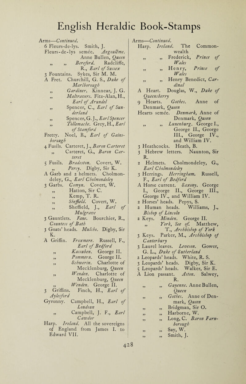 Arms—Continued. 6 Fleurs-de-lys. Smith, J. Fleurs-de-lys semee. Angouleme. Anne Bullen, Queen „ ,, Bereford. Radcliffe, R., Earl of Sussex 3 Fountains. Sykes, Sir M. M. A Fret. Churchill, G. S., Duke of Marlborough ,, Gardiner. Kinnear, J. G. ,, Maltravers. Fitz-Alan, H., Earl of Arundel „ Spencer, C., Earl of Sun¬ derland „ Spencer, G.J., EarlSpencer „ Tollemache. Grey, H., Earl of Stamford Fretty. Noel, B., Earl of Gains¬ borough 4 Fusils. Carteret, J., Baron Carteret ,, Carteret, G., Baron Car¬ teret 5 Fusils. Bradeston. Covert, W. „ Percy. Digby, Sir K. A Garb and 2 helmets. Cholmon- deley, G., Earl Cholmondeley 3 Garbs. Comyn. Covert, W. ,, Hatton, Sir C. „ Kemp, T. R. „ Sheffield. Covert, W. ,, Sheffield, J., Earl of Mulgrave 3 Gauntlets. Fane. Bourchier, R., Countess of Bath 3 Goats’ heads. Mulsho. Digby, Sir K. A Griffin. Froxmere. Russell, F., Earl of Bedford yy Kassuben. George II. yy Pommern. George II. yy Schwerin. Charlotte of Mecklenburg, Queen yy Wenden. Charlotte of Mecklenburg, Queen yy Wenden. George II. Griffins. Finch, H., Earl of Aylesford Gyronny. Campbell, H., Earl of Loudoun „ Campbell, J. F., Earl Cawdor Harp. Ireland. All the sovereigns o/ England from James I. to Edward VII. Arms—Continued. Harp. Ireland. The Common¬ wealth yy „ Frederick, Prince of Wales yy „ Henry, Prince of Wales yy ,, Henry Benedict, Car- dinal A Heart. Douglas, W., Duke of Queensberry 9 Hearts. Gothes. Anne of Denmark, Queen Hearts semee. Denmark, Anne of Denmark, Queen „ ,, Lunenburg. George I., George II., George III., George IV., and William IV. 3 Heathcocks. Heath, B. 3 Hebrew letters. Naunton, Sir R. 2 Helmets. Cholmondeley, G., Earl Cholmondeley 3 Herrings. Herringham. Russell, F. , Earl of Bedford A Horse current. Saxony. George I., George II., George III., George IV., and William IV. 2 Horses’ heads. Pepys, S. 2 Human heads. Williams, J., Bishop of Lincoln 2 Keys. Minden. George II. „ York, See of. Matthew, T., Archbishop of York 3 Keys. Parker, M., Archbishop oj Canterbury 3 Laurel leaves. Leveson. Gower, G. L., Duke of Sutherland 2 Leopards’ heads. White, R. S. 3 Leopards’ heads. Digby, Sir K. 5 Leopards’ heads. Walker, Sir E. A Lion passant. Aston. Salwey, R. ,, „ Guyenne. Anne Bullen, Queen ,, „ Gothes. Anne of Den¬ mark, Queen ,, „ Bridgman, Sir O. „ „ Harborne, W. ,, „ Long, C. Baron Farn- borough „ „ Say, W. „ „ Smith, J.