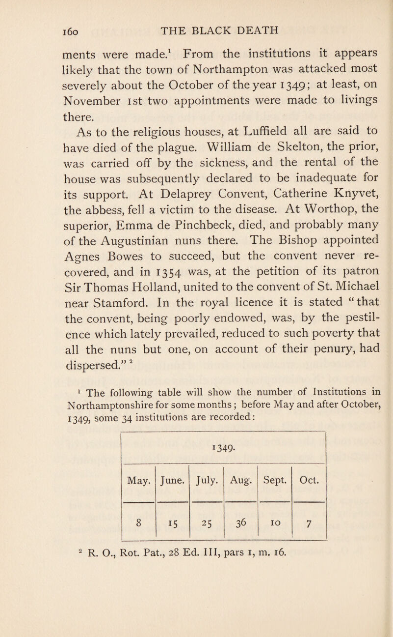 ments were made.1 From the institutions it appears likely that the town of Northampton was attacked most severely about the October of the year 1349; at least, on November 1st two appointments were made to livings there. As to the religious houses, at Luffield all are said to have died of the plague. William de Skelton, the prior, was carried off by the sickness, and the rental of the house was subsequently declared to be inadequate for its support. At Delaprey Convent, Catherine Knyvet, the abbess, fell a victim to the disease. At Worthop, the superior, Emma de Pinchbeck, died, and probably many of the Augustinian nuns there. The Bishop appointed Agnes Bowes to succeed, but the convent never re¬ covered, and in 1354 was, at the petition of its patron Sir Thomas Holland, united to the convent of St. Michael near Stamford. In the royal licence it is stated “that the convent, being poorly endowed, was, by the pestil¬ ence which lately prevailed, reduced to such poverty that all the nuns but one, on account of their penury, had dispersed.” 2 1 The following table will show the number of Institutions in Northamptonshire for some months; before May and after October, 1349, some 34 institutions are recorded: 1349- May. June. July. Aug. Sept. Oct. 8 15 25 36 10 7