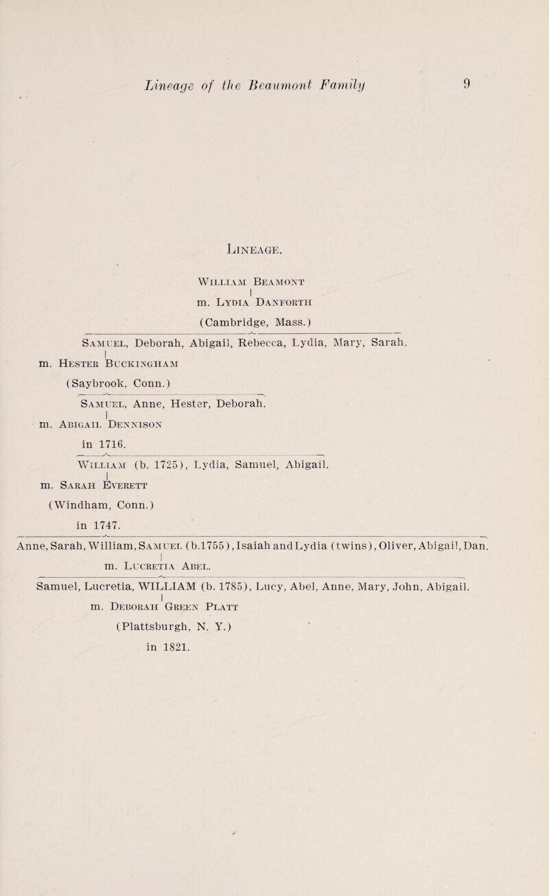 Lineage of the Beaumont Family Lineage. \ William Beamont I m. Lydia Danfortii (Cambridge, Mass.) Samuel, Deborah, Abigail, Rebecca, Lydia, Mary, Sarah. I m. Hester Buckingham (Saybrook, Conn.) Samuel, Anne, Hester, Deborah. I m. Abigail Dennison in 1716. William (b. 1725), Lydia, Samuel, Abigail. I m. Sarah Everett (Windham, Conn.) in 1747. Anne, Sarah, William, Samuel (b.1755), Isaiah and Lydia (twins), Oliver, Abigail, Dan. I m. Lucretia Abel. Samuel, Lucretia, WILLIAM (b. 1785), Lucy, Abel, Anne, Mary, John, Abigail. I m. Deborah Green Platt (Plattsburgh, N. Y.) in 1821.