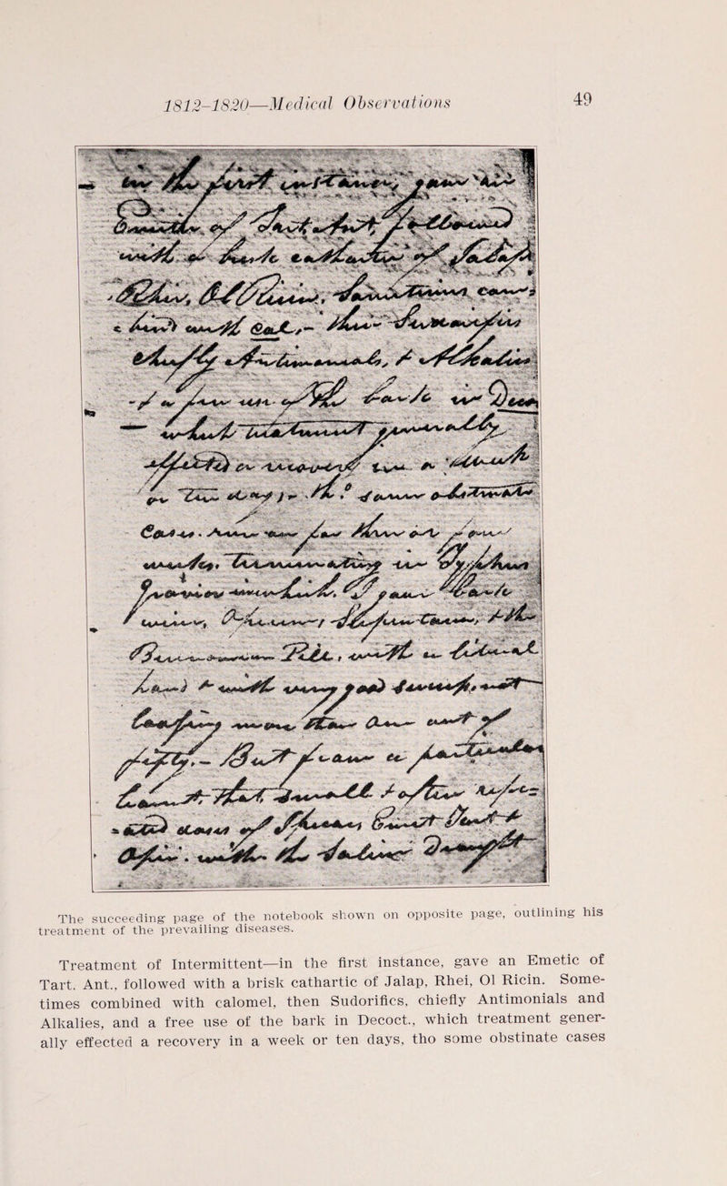 1812-1820—Medical Observations The succeeding1 page of the notebook shown on opposite page, outlining his treatment of the prevailing diseases. Treatment of Intermittent—in the first instance, gave an Emetic of Tart. Ant., followed with a brisk cathartic of Jalap, Rhei, Ol Ricin. Some¬ times combined with calomel, then Sudorifics, chiefly Antimonials and Alkalies, and a free use of the bark in Decoct., which treatment gener¬ ally effected a recovery in a week or ten days, tho some obstinate cases