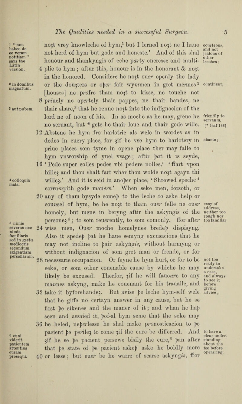 i “non habeo de eo veram notitiani ” says the Latin version. * in domibus magnatum. 3 aut pubem. 4 colloquia mala. 5 nimis severus nec nimis familiaris sed in gestu mediocris secundum exigentiam personarum. c et si viderit patientem attentius curam prosequi. no}t vrey knowleche of liym,1 but I lerned rio^t ne I liaue not herd of hym but gode aud honeste.’ And of this slial honour and thankyngis of eclie party encresse and multi- 4 plie to hym; aftur this, honour is in the honorant & 11031 in the honored. Considere he no^t ouer openly the lady or the doubters or 0per fair wymmen in gret meraies2 [houses] ne p?,ofre tham no3t to kisse, ne touche not 8 pn’uely ne apertely tliair pappes, ne thair handes, ne thair share,3 that he renne no^t into the indignacion of the lord ne of noon of his. In as moche as he may, greue he no seruant, but *gete he thair loue and thair gode wille. 12 Abstene he hym fro harlotrie als wele in wordes as in dedes in euery place, for 3d he vse hym to harlotery in priue places som tyme in opene place ther may falle to hym yiiworship of yuel vsage; aftir pat it is seyde, 16 ‘ Pede super colles pedes vbi pedere nolles.’ * ffart vpon hille^ and thou shalt fart whar thou wolde no}t agayn thi wille}.’ And it is seid in anoper place, ‘ Shrewed speche4 corru??zpith gode maners.’ When seke men, forsoth, or 20 any of tham bysyde come]? to the leclie to aske help or counsel of hym, be he no}t to tham ouer felle ne ouer homely, but mene in beryng aftir the askyngis of the persone} 5; to soin reuerently, to som comonly. ffor after 24 wise men, Ouer moche homelynes bredej) dispisyng. Also it spedep pat he haue semyng excusacions that he may not incline to pair askyngfs, without harmyng or without indignacion of som gret man or frende, or for 28 necessarie occupacion. Or feyne he hym hurt, or for to be seke, or som other couenable cause by whiche he may likely be excused. Therfor, 3d he will fauonre to any mannes askyng, make he couenant for his trauaile, and 32 take it byforehande}. But avise pe leche hym-self wele that he giffe no certayn answer in any cause, but he se first pe sikenes and the maner of it; and whan he hap seen and assaied it, pof-al hym seme that the seke may 36 be heled, neperlesse he shal make p?*onosticacion to pe pacient pe perile} to come 3d the cure be differred. And }if he se pe pacient persewc bisily the cure,6 pan after that pe state of pe pacient askep aske he boldly more 40 or lesse; but euer be he warre of scarse askyngfs, ffor courteous, and not jealous of other leeches ; continent, friendly to servants, [* leaf 143] chaste; easy of address, neither too rough nor too familiar not too ready to undertake a case, and always to see it before giving advice ; to have a clear under¬ standing about the fee before operating.