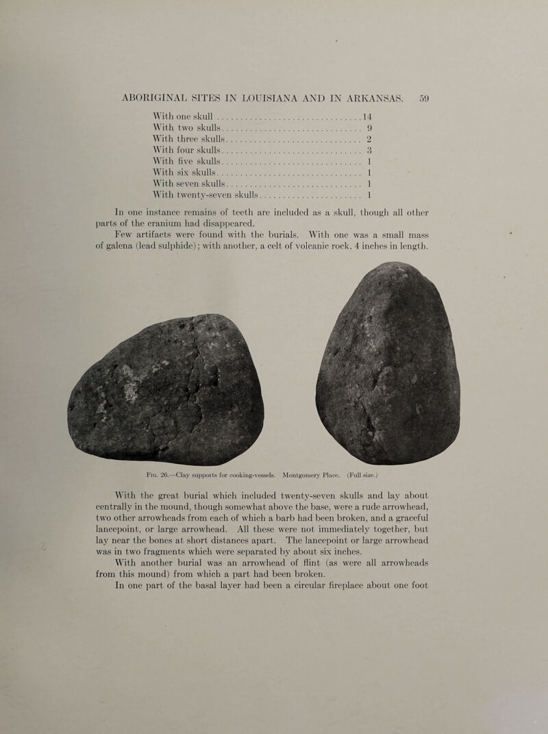 With one skull. With two skulls. With three skulls. With four skulls. With five skulls. With six skulls. With seven skulls. With twenty-seven skulls 14 9 2 Q O 1 1 1 1 In one instance remains of teeth are included as a skull, though all other parts of the cranium had disappeared. Few artifacts were found with the burials. With one was a small mass of galena (lead sulphide); with another, a celt of volcanic rock, 4 inches in length. Fig. 26.—Clay supports for cooking-vessels. Montgomery Place. (.Full size.) With the great burial which included twenty-seven skulls and lay about centrally in the mound, though somewhat- above the base, were a rude arrowhead, two other arrowheads from each of which a barb had been broken, and a graceful lancepoint, or large arrowhead. All these were not immediately together, but lay near the bones at short distances apart. The lancepoint or large arrowhead was in two fragments which were separated by about six inches. With another burial was an arrowhead of flint (as were all arrowheads from this mound) from which a part had been broken. In one part of the basal layer had been a circular fireplace about one foot