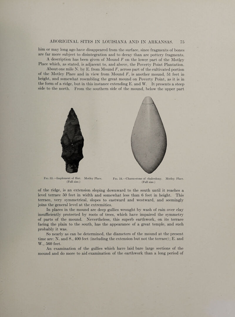 him or may long ago have disappeared from the surface, since fragments of bones are far more subject to disintegration and to decay than are pottery fragments. A description has been given of Mound F on the lower part of the Motley Place which, as stated, is adjacent to, and above, the Poverty Point Plantation. About one mile N. by E. from Mound F, across part of the cultivated portion of the Motley Place and in view from Mound F, is another mound, 51 feet in height, and somewhat resembling the great mound on Poverty Point, as it is in the form of a ridge, but in this instance extending E. and W. It presents a steep side to the north. From the southern side of the mound, below the upper part Fig. 33.—Implement of flint. Motley Place. Fig. 34.—Charm-stone of chalcedony. Motley Place. (Full size.) (Full size.) of the ridge, is an extension sloping downward to the south until it reaches a level terrace 50 feet in width and somewhat less than 6 feet in height. This terrace, very symmetrical, slopes to eastward and westward, and seemingly joins the general level at the extremities. In places in the mound are deep gullies wrought by wash of rain over clay insufficiently protected by roots of trees, which have impaired the symmetry of parts of the mound. Nevertheless, this superb earthwork, on its terrace facing the plain to the south, has the appearance of a great temple, and such probably it was. So nearly as can be determined, the diameters of the mound at the present time are: N. and S., 400 feet (including the extension but not the terrace); E. and W., 560 feet. An examination of the gullies which have laid bare large sections of the mound and do more to aid examination of the earthwork than a long period of