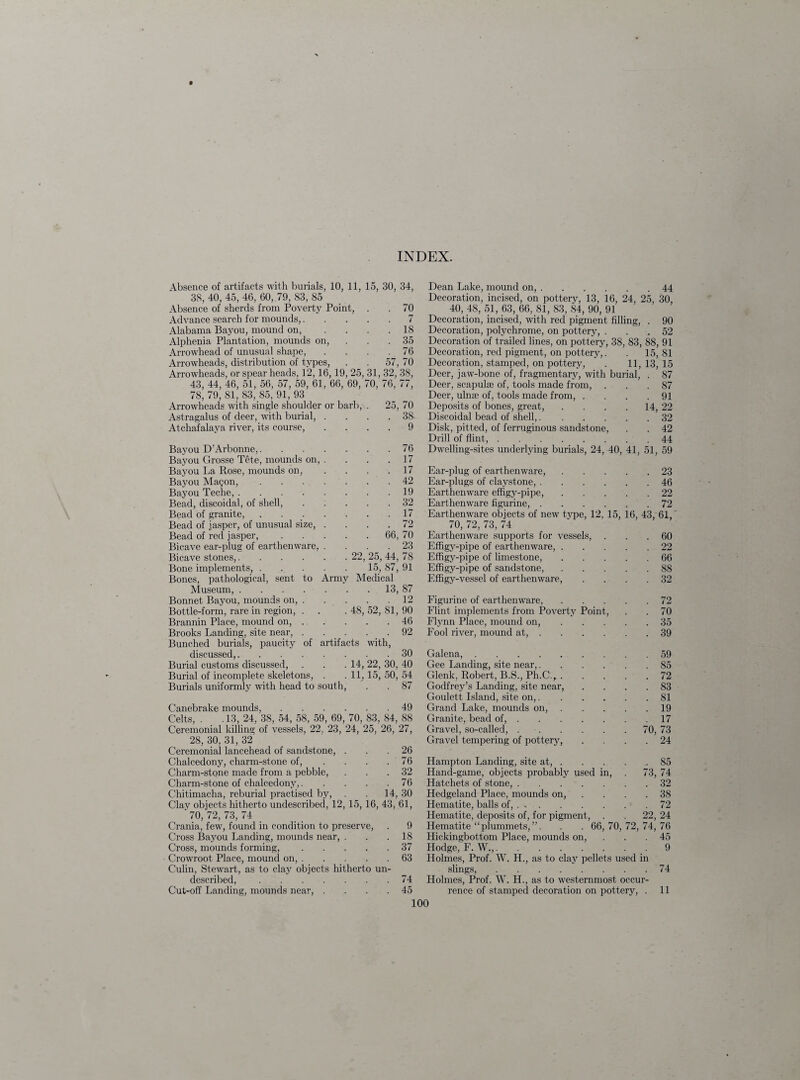 Absence of artifacts with burials, 10, 11, 15, 30, 34, 38, 40, 45, 46, 60, 79, 83, 85 Absence of sherds from Poverty Point, . .70 Advance search for mounds,.7 Alabama Bayou, mound on, .... 18 Alphenia Plantation, mounds on, ... 35 Arrowhead of unusual shape, . . . .76 Arrowheads, distribution of types, . . 57, 70 Arrowheads, or spear heads, 12, 16, 19, 25, 31, 32, 38, 43, 44, 46, 51, 56, 57, 59, 61, 66, 69, 70, 76, 77, 1 It/, t/J., t/V Arrowheads with single shouldei or barb, 25, 70 Astragalus of deer, with burial, 38 Atchafalava river, its course, 9 Bayou D’Arbonne,. 76 Bayou Grosse Tete, mounds on, 17 Bayou La Rose, mounds on, 17 Bayou Magon, 42 Bayou Teche, .... 19 Bead, discoidal, of shell, 32 Bead of granite, 17 Bead of jasper, of unusual size, 72 Bead of red jasper, 66, 70 Bicave ear-plug of earthenware, 23 Bicave stones,.... 22 25, 44, 78 Bone implements, . 15, 87, 91 Bones, pathological, sent to Army Medical Museum, .... 13, 87 Bonnet Bayou, mounds on, . 12 Bottle-form, rare in region, . 48, 52, 81, 90 Brannin Place, mound on, . . 46 Brooks Landing, site near, . 92 Bunched burials, paucity of artifac ts with, discussed,.... 30 Burial customs discussed, 14, 22, 30, 40 Burial of incomplete skeletons, H, 15, 50, 54 Canebrake mounds,.49 Celts, . . 13, 24, 38, 54, 58, 59, 69, 70, 83, 84, 88 Ceremonial killing of vessels, 22, 23, 24, 25, 26, 27, 28, 30, 31, 32' Ceremonial lancehead of sandstone, ... 26 Chalcedony, charm-stone of, . . . .76 Charm-stone made from a pebble, ... 32 Charm-stone of chalcedony,.76 Chitimacha, reburial practised by, . . 14, 30 Clay objects hitherto undescribed, 12, 15, 16, 43, 61, / 0, i 2, / 3, i 4 Crania, few, found in condition to preserve, . 9 Cross Bayou Landing, mounds near, ... 18 Cross, mounds forming,.37 Crowroot Place, mound on,.63 Culin, Stewart, as to clay objects hitherto un¬ described, .74 Cut-off Landing, mounds near, .... 45 Dean Lake, mound on,.44 Decoration, incised, on pottery, 13, 16, 24, 25, 30, 40, 48, 51, 63, 66, 81, 83, 84, 90, 91 Decoration, incised, with red pigment filling, . 90 Decoration, polychrome, on pottery, . . .52 Decoration of trailed lines, on pottery, 38, 83, 88, 91 Decoration, red pigment, on pottery,. . 15, 81 Decoration, stamped, on pottery, . 11, 13, 15 Deer, jaw-bone of, fragmentary, with burial, . 87 Deer, scapulae of, tools made from, ... 87 Deer, ulnae of, tools made from, .... 91 Deposits of bones, great, . . . . 14, 22 Discoidal bead of shell,.32 Disk, pitted, of ferruginous sandstone, . . 42 Drill of flint,.44 Dwelling-sites underlying burials, 24, 40, 41, 51, 59 Ear-plug of earthenware,.23 Ear-plugs of claystone,.46 Earthenware effigy-pipe,.22 Earthenware figurine,.72 Earthenware objects of new type, 12. 15, 16, 43, 61, 70, 72, 73, 74 Earthenware supports for vessels, ... 60 Effigy-pipe of earthenware,.22 Effigy-pipe of limestone,.66 Effigy-pipe of sandstone,.88 Effigy-vessel of earthenware, .... 32 Figurine of earthenware,.72 Flint implements from Poverty Point, . .70 Flynn Place, mound on,.35 Fool river, mound at,.39 Galena,.59 Gee Landing, site near,.85 Glenk, Robert, B.S., Ph.C.,.72 Godfrey’s Landing, site near, .... 83 Goulett Island, site on,.81 Grand Lake, mounds on,.19 Granite, bead of,.17 Gravel, so-called, ..70, 73 Gravel tempering of pottery, .... 24 Hampton Landing, site at, . . . _ 85 Hand-game, objects probably used in, . 73, 74 Hatchets of stone,.32 Hedgeland Place, mounds on, .... 38 Hematite, balls of,.72 Hematite, deposits of, for pigment, . . 22, 24 Hematite “plummets,”. . . 66,70,72,74,76 Hickingbottom Place, mounds on, . . .45 Hodge, F. W.,.9 Holmes, Prof. W. H., as to clay pellets used in slings,.74 Holmes, Prof. W. H., as to westernmost occur¬ rence of stamped decoration on pottery, . 11