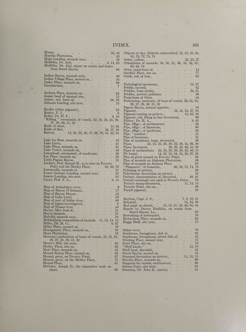 Hones,. Hopeka Plantation, .... Hope Landing, mounds near, Hrdlicka, Dr. Ales, .... Hrdlicka, Dr. Ales, report on crania and from Sorrel Bayou, . 38, 54 . 43 . 58 . 9, 14, 95 bones . 94 Indian Bayou, mounds near, Indian Village Place, mound on, . Insley Place, mounds on, Introduction,. 40 34 60 Jackson Place, mounds on, Jasper bead of unusual size, Jasper, red, bead of, . Johnson Landing, site near, . 64 . 72 66, 70 . 78 Kaolin (white pigment), Keeley, F. J., . Keller, Dr. H. F.,.9, 16 “Killing,” ceremonial, of vessels, 22, 23, 24, 25, 26, 27, 28, 30, 31, 32 Knife of chert,.15, 83 Knife of flint,. 24, 57, 83 Knives, . .15, 24, 25, 46, 57, 69, 70, 81, 83, 91 Lake La Rose, mounds on,.16 Lake Larto, . . 21 Lake Place, mounds on,.61 Lake Verret, mounds on,.10 Lancehead, ceremonial, of sandstone;. . . 26 ■Lee Place, mounds on,.39 Little Pigeon Bayou,.13 Lockett, Prof. Samuel H., as to sites on Poverty Point and the Motley Place,. . 66, 69, 70 Loreauville, mounds at,.21 Lower Jackson Landing, mound near, . . 63 Lowrie Landing, site near,.85 Lucas, Prof. F. A.,.9, 14 Map of Atchafalaya river,.8 Map of Bayou D’Arbonne,.77 Map of Bayou Magon,.33 Map of Lake Larto,.20 Map of part of Saline river,.80 Map of region investigated,.6 Map of Tensas river,.33 Mayes, Miss Josie S.,.21 Mayes mounds,.21 Melville, mounds near,.IS Middenheap composition of mounds, . 11, 12, 14, 15 Miller, Dr. M. G.,.9, 67 Miller Place, mound on,.10 Montgomery Place, mounds on, . . . .58 Moro Plantation,.19 Mortuary perforation of bases of vessels, 22, 24, 25, 26, 27, 28, 30, 31, 32 Moore’s Mill, site near,.83 Motley Place, site on,.66 Mott Place, mounds on,.54 Mound Bayou Place, mound on,.... 39 Mound, great, on Poverty Point, ... 67 Mound, great, on the Motley Place, ... 75 Mound Place,.61 McGuire, Joseph D., his exhaustive work on pipes,.90 Objects of clay, hitherto undescribed, 12, 15, 16, 43, 61, 70, 72, 73, 74 Ochre, yellow,. 22, 25, 27 Orientation of mounds, 34, 36, 41, 46, 55, 58, 61, 62, 64, 78 Otter, penis-bone of,.14 Ouchley Place, site on, . *.77 Oxide, red, of iron,.85 Pathological specimens,.13,87 Pebble, faceted,.42 Pebbles, from rattles,.24, 81 Pebbles, pottery polishers,.30 Penis-bone of Otter,.14 Perforation, mortuary, of bases of vessels, 22, 24, 25, 26, 27, 28, 30, 31, 32 Pigeon Bayou, mound opposite, . . . .16 Pigment,. 22, 24, 25, 27, 85 Pigment coating on pottery,... 15, 63, 38 Pigment, red, filling in line decoration, , . 90 Pilsbry, Dr. H. A.,.9, 85 Pipe, effigy-, of earthenware, .... 22 Pipe, effigy-, of limestone,.66 Pipe, effigy-, of sandstone,.88 Pipe, “monitor,”.51 Pipe of limestone,.51 Pipe of sandstone, large, decorated, ... 26 Pipes, . . 22, 24, 25, 26, 29, 32, 46, 51, 66, 88 Pipes, bi-conical, . . .26, 29, 32, 46, 51, 89 Pipes of earthenware, 22, 24, 25, 26, 29, 32, 46, 51 Pit burial, . 14, 22, 23, 24, 25*26, 27, 28 Plan of great mound on Poverty Point, . . 68 Plan of mounds on Alphenia Plantation, . . 36 Plan of mounds on Jackson Place, ... 65 “Plummets” of hematite, . . 66, 70, 72, 74, 76 Polishing of pottery,.30 Polychrome decoration on pottery, ... 52 Pottery, characteristics of, discussed,. . 48, 81 Pottery seemingly not used at Poverty Point, . 70 Pottery stamp-decorated, . . . 11,13,15 Poverty Point, site on,.66 Purple pigment,.24 Raybon, Capt. J. S., . . -7,9, 10, 21 Reburial,.14, 23, 30 Red paint on sherds, . 15, 16, 21, 38, 40, 63, 84 Report by Doctor Hrdlicka, on crania from Sorrel Bayou, La., . . . . . .95 Reworking of arrowpoint,.70 Richardson Place, mounds on, .... 63 Ruggs Bluff, site near,.78 Saline river,.79 Sandstone, ferruginous, slab of, . . . .91 Sandstone, ferruginous, pitted disk of, . . 42 Schwing Place, mound near, .... 15 Scott Place, site on,.78 “Shell banks,”.12,19 Shell bead, discoidal,.32 Sorrel Bayou, mound on,.13 Stamped decoration on pottery, . . 11,13,15 Stevens Place, mounds on,.60 Supports for vessels, earthenware, ... 60 Sutton Ferry, site near,.93 Swanton, Dr. John R., quoted, .... 14