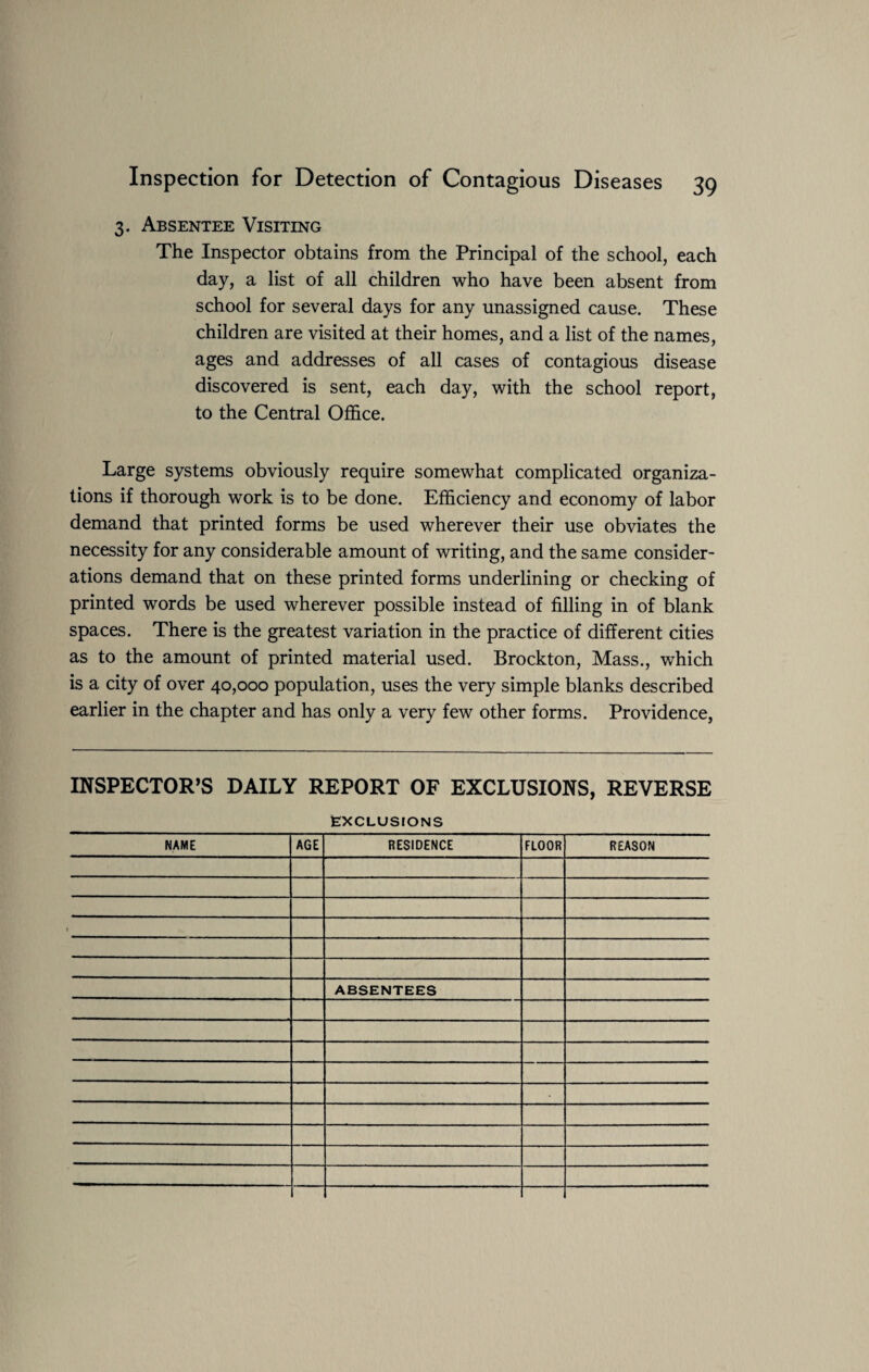 3. Absentee Visiting The Inspector obtains from the Principal of the school, each day, a list of all children who have been absent from school for several days for any unassigned cause. These children are visited at their homes, and a list of the names, ages and addresses of all cases of contagious disease discovered is sent, each day, with the school report, to the Central Office. Large systems obviously require somewhat complicated organiza¬ tions if thorough work is to be done. Efficiency and economy of labor demand that printed forms be used wherever their use obviates the necessity for any considerable amount of writing, and the same consider¬ ations demand that on these printed forms underlining or checking of printed words be used wherever possible instead of filling in of blank spaces. There is the greatest variation in the practice of different cities as to the amount of printed material used. Brockton, Mass., which is a city of over 40,000 population, uses the very simple blanks described earlier in the chapter and has only a very few other forms. Providence, INSPECTOR’S DAILY REPORT OF EXCLUSIONS, REVERSE EXCLUSIONS NAME AGE RESIDENCE FLOOR REASON ABSENTEES