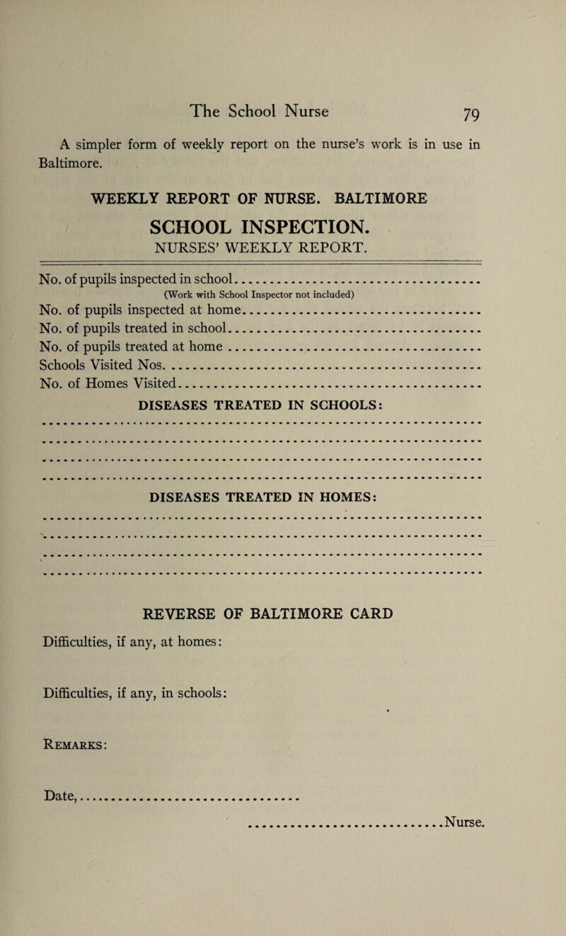 A simpler form of weekly report on the nurse’s work is in use in Baltimore. WEEKLY REPORT OF NURSE. BALTIMORE SCHOOL INSPECTION. NURSES’ WEEKLY REPORT. No. of pupils inspected in school. (Work with School Inspector not included) No. of pupils inspected at home. No. of pupils treated in school. No. of pupils treated at home. Schools Visited Nos. No. of Homes Visited. DISEASES TREATED IN SCHOOLS: DISEASES TREATED IN HOMES: REVERSE OF BALTIMORE CARD Difficulties, if any, at homes: Difficulties, if any, in schools: Remarks : Date,. Nurse.