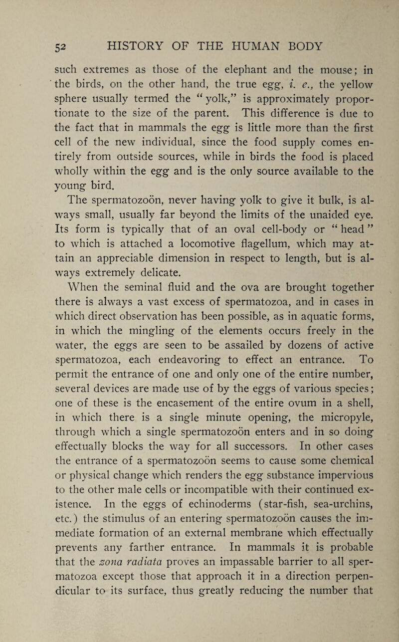 such extremes as those of the elephant and the mouse; in the birds, on the other hand, the true egg, i. e., the yellow sphere usually termed the “ yolk,” is approximately propor¬ tionate to the size of the parent. This difference is due to the fact that in mammals the egg is little more than the first cell of the new individual, since the food supply comes en¬ tirely from outside sources, while in birds the food is placed wholly within the egg and is the only source available to the young bird. The spermatozoon, never having yolk to give it bulk, is al¬ ways small, usually far beyond the limits of the unaided eye. Its form is typically that of an oval cell-body or “ head ” to which is attached a locomotive flagellum, which may at¬ tain an appreciable dimension in respect to length, but is al¬ ways extremely delicate. When the seminal fluid and the ova are brought together there is always a vast excess of spermatozoa, and in cases in which direct observation has been possible, as in aquatic forms, in which the mingling of the elements occurs freely in the water, the eggs are seen to be assailed by dozens of active spermatozoa, each endeavoring to effect an entrance. To permit the entrance of one and only one of the entire number, several devices are made use of by the eggs of various species; one of these is the encasement of the entire ovum in a shell, in which there is a single minute opening, the micropyle, through which a single spermatozoon enters and in so doing effectually blocks the way for all successors. In other cases the entrance of a spermatozoon seems to cause some chemical or physical change which renders the egg substance impervious to the other male cells or incompatible with their continued ex¬ istence. In the eggs of echinoderms (star-fish, sea-urchins, etc.) the stimulus of an entering spermatozoon causes the im¬ mediate formation of an external membrane which effectually prevents any farther entrance. In mammals it is probable that the zona radiata proves an impassable barrier to all sper¬ matozoa except those that approach it in a direction perpen¬ dicular to its surface, thus greatly reducing the number that