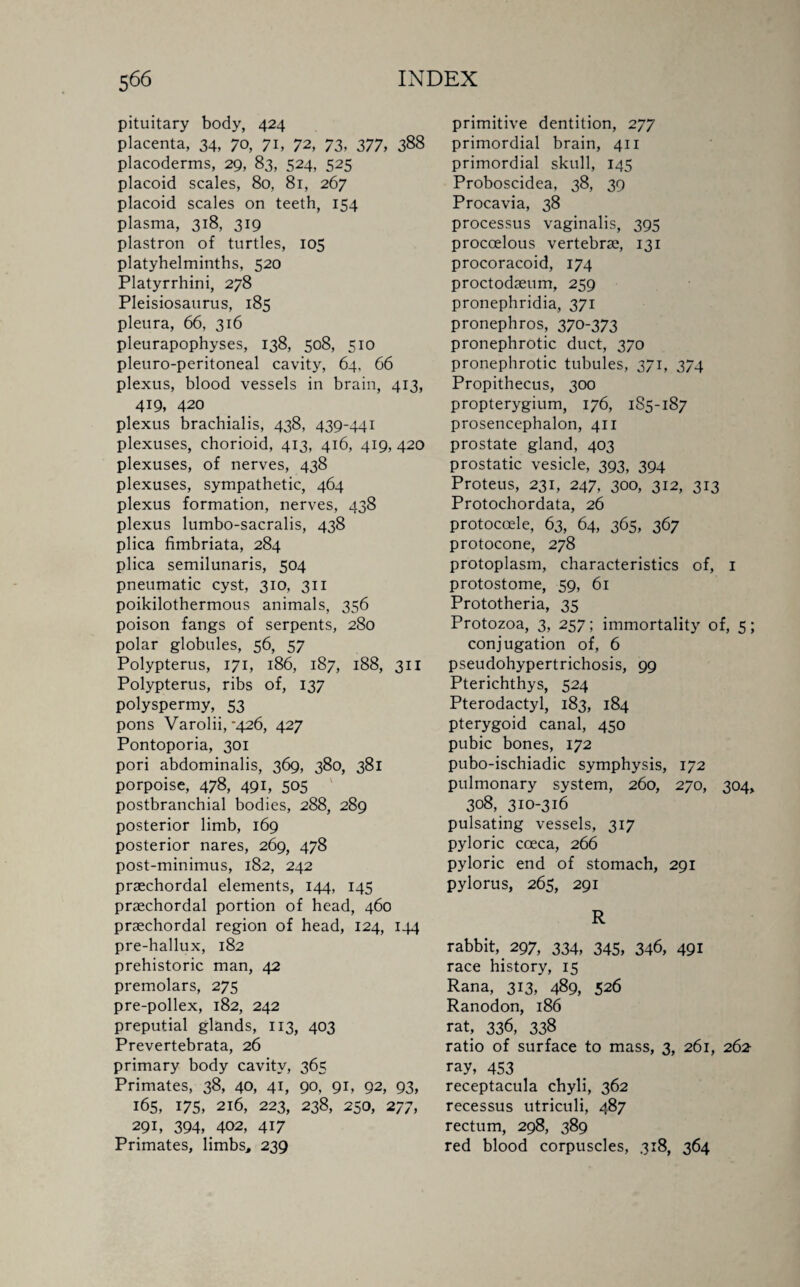 pituitary body, 424 placenta, 34, 70, 71, 72, 73, 377, 388 placoderms, 29, 83, 524, 525 placoid scales, 80, 81, 267 placoid scales on teeth, 154 plasma, 318, 319 plastron of turtles, 105 platyhelminths, 520 Platyrrhini, 278 Pleisiosaurus, 185 pleura, 66, 316 pleurapophyses, 138, 508, 510 pleuro-peritoneal cavity, 64, 66 plexus, blood vessels in brain, 413, 419, 420 plexus brachialis, 438, 439-441 plexuses, chorioid, 413, 416, 419, 420 plexuses, of nerves, 438 plexuses, sympathetic, 464 plexus formation, nerves, 438 plexus lumbo-sacralis, 438 plica fimbriata, 284 plica semilunaris, 504 pneumatic cyst, 310, 311 poikilothermous animals, 356 poison fangs of serpents, 280 polar globules, 56, 57 Polypterus, 171, 186, 187, 188, 311 Polypterus, ribs of, 137 polyspermy, 53 pons Varolii, *426, 427 Pontoporia, 301 pori abdominalis, 369, 380, 381 porpoise, 478, 491, 505 postbranchial bodies, 288, 289 posterior limb, 169 posterior nares, 269, 478 post-minimus, 182, 242 praechordal elements, 144, 145 praechordal portion of head, 460 praechordal region of head, 124, 144 pre-hallux, 182 prehistoric man, 42 premolars, 275 pre-pollex, 182, 242 preputial glands, 113, 403 Prevertebrata, 26 primary body cavity, 365 Primates, 38, 40, 41, 90, 91, 92, 93, 165, 175, 216, 223, 238, 250, 277, 291, 394, 402, 417 Primates, limbs, 239 primitive dentition, 277 primordial brain, 411 primordial skull, 145 Proboscidea, 38, 39 Procavia, 38 processus vaginalis, 395 procoelous vertebrae, 131 procoracoid, 174 proctodaeum, 259 pronephridia, 371 pronephros, 370-373 pronephrotic duct, 370 pronephrotic tubules, 371, 374 Propithecus, 300 propterygium, 176, 185-187 prosencephalon, 411 prostate gland, 403 prostatic vesicle, 393, 394 Proteus, 231, 247, 300, 312, 313 Protochordata, 26 protocoele, 63, 64, 365, 367 protocone, 278 protoplasm, characteristics of, 1 protostome, 59, 61 Prototheria, 35 Protozoa, 3, 257; immortality of, 5; conjugation of, 6 pseudohypertrichosis, 99 Pterichthys, 524 Pterodactyl, 183, 184 pterygoid canal, 450 pubic bones, 172 pubo-ischiadic symphysis, 172 pulmonary system, 260, 270, 304, 308, 310-316 pulsating vessels, 317 pyloric cceca, 266 pyloric end of stomach, 291 pylorus, 265, 291 R rabbit, 297, 334, 345, 346, 491 race history, 15 Rana, 313, 489, 526 Ranodon, 186 rat, 336, 338 ratio of surface to mass, 3, 261, 262 ray, 453 receptacula chyli, 362 recessus utriculi, 487 rectum, 298, 389 red blood corpuscles, 318, 364