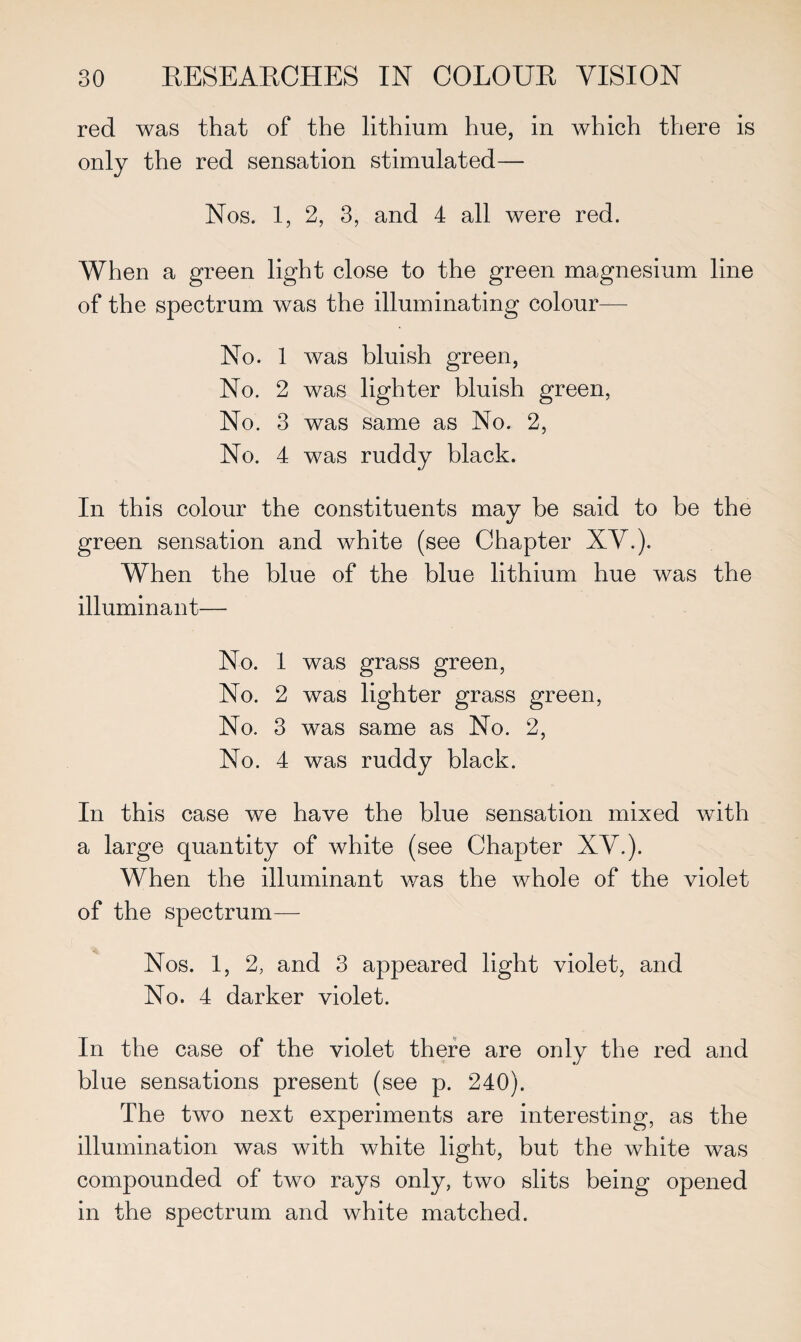 red was that of the lithium hue, in which there is only the red sensation stimulated— Nos. 1, 2, 3, and 4 all were red. When a green light close to the green magnesium line of the spectrum was the illuminating colour— No. 1 was bluish green, No. 2 was lighter bluish green, No. 3 was same as No. 2, No. 4 was ruddy black. In this colour the constituents may be said to be the green sensation and white (see Chapter XV.). When the blue of the blue lithium hue was the illuminant— No. 1 was grass green, No. 2 was lighter grass green, No. 3 was same as No. 2, No. 4 was ruddy black. In this case we have the blue sensation mixed with a large quantity of white (see Chapter XV.). When the illuminant was the whole of the violet of the spectrum— Nos. 1, 2, and 3 appeared light violet, and No. 4 darker violet. In the case of the violet there are only the red and blue sensations present (see p. 240). The two next experiments are interesting, as the illumination was with white light, but the white was compounded of two rays only, two slits being opened in the spectrum and white matched.