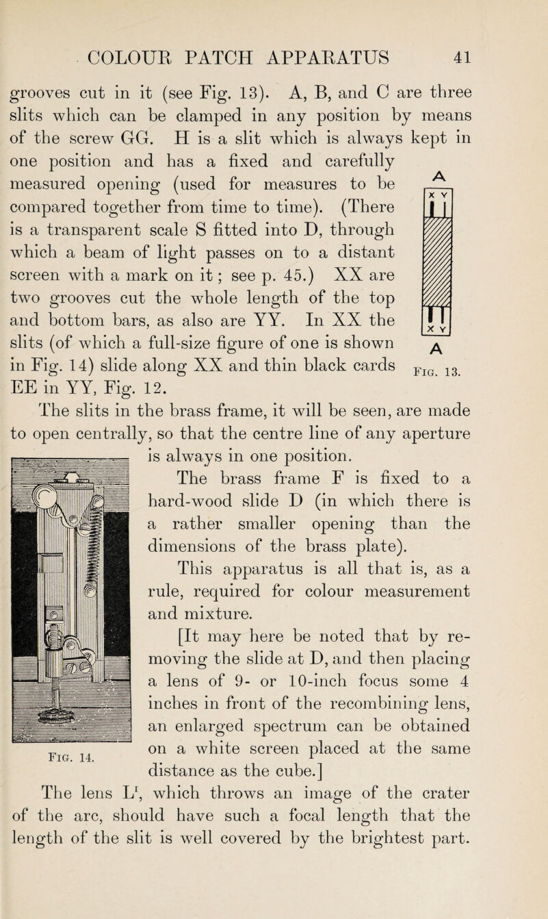 X Y X Y: grooves cut in it (see Fig. 13). A, B, and C are three slits which can be clamped in any position by means of the screw GG. H is a slit which is always kept in one position and has a fixed and carefully measured opening (used for measures to be compared together from time to time). (There is a transparent scale S fitted into D, through which a beam of light passes on to a distant screen with a mark on it; see p. 45.) XX are two grooves cut the whole length of the top and bottom bars, as also are YY. In XX the slits (of which a full-size figure of one is shown in Fig. 14) slide along XX and thin black cards EE in YY, Fig. 12. The slits in the brass frame, it will be seen, are made to open centrally, so that the centre line of any aperture is always in one position. The brass frame F is fixed to a hard-wood slide D (in which there is a rather smaller opening than the dimensions of the brass plate). This apparatus is all that is, as a rule, required for colour measurement and mixture. [It may here be noted that by re¬ moving the slide at D, and then placing a lens of 9- or 10-inch focus some 4 inches in front of the recombining lens, an enlarged spectrum can be obtained on a white screen placed at the same distance as the cube.] The lens L1, which throws an image of the crater of the arc, should have such a focal length that the length of the slit is well covered by the brightest part. Fig. 14.