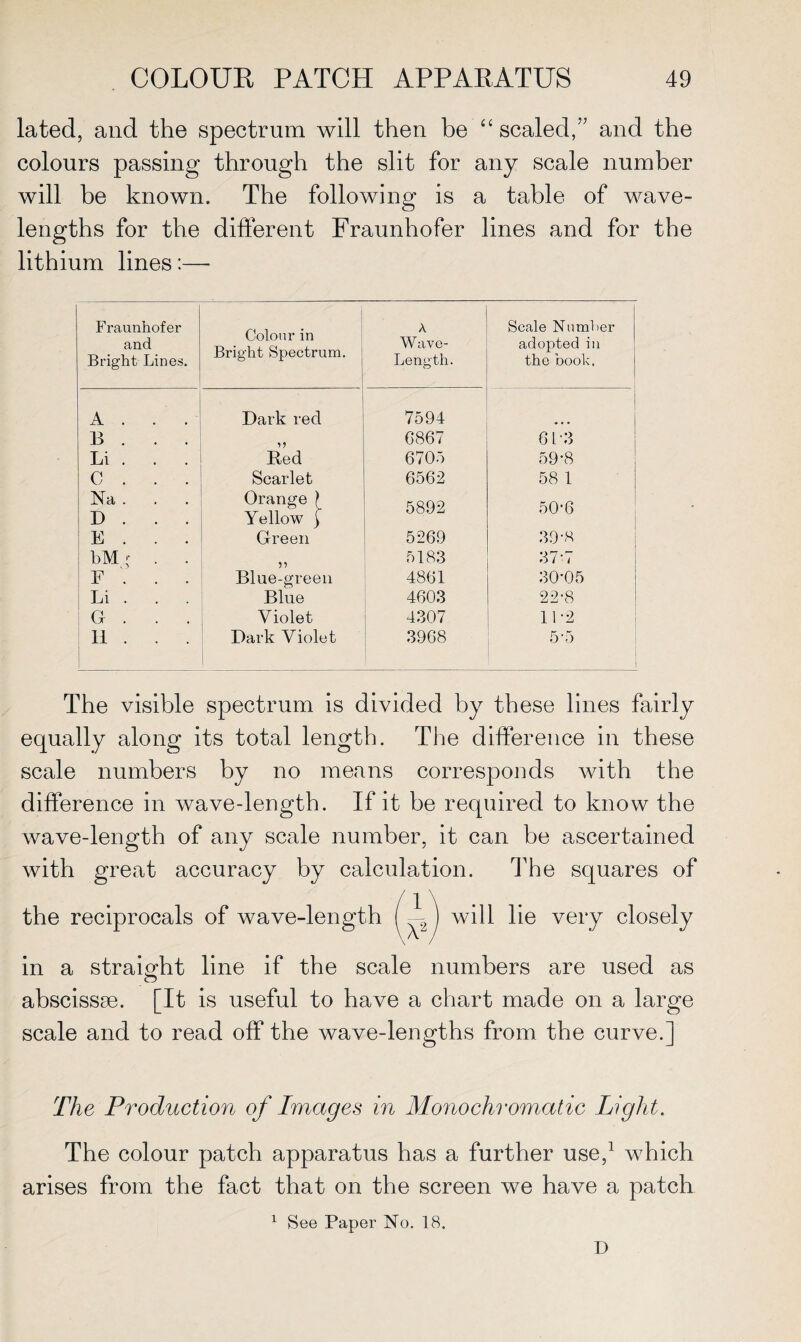 lated, and the spectrum will then be “ scaled,” and the colours passing through the slit for any scale number will be known. The following is a table of wave¬ lengths for the different Fraunhofer lines and for the lithium lines :—■ Fraunhofer and Bright Lines. Colour in Bright Spectrum. A Wave- Length. Seale Number adopted in the book. i A . . . Dark red 7594 B . . . 6867 6L3 Li . . . Red 6705 59-8 C . . . Scarlet 6562 58 1 Na . D . . . Orange } Yellow j 5892 50-6 E . . . Green 5269 39'8 LM f . 5183 37-7 F . . . Blue-green 4861 30-05 Li . . . Blue 4603 22-8 G . Violet 4307 11-2 li . . . Dark Violet 3968 5-5 The visible spectrum is divided by these lines fairly equally along its total length. The difference in these scale numbers by no means corresponds with the difference in wave-length. If it be required to know the wave-length of any scale number, it can be ascertained with great accuracy by calculation. The squares of the reciprocals of wave-length (i) will lie very closely in a straight line if the scale numbers are used as abscissse. [it is useful to have a chart made on a large scale and to read off the wave-lengths from the curve.] The Production of Images in Monochromatic Light. The colour patch apparatus has a further use,1 which arises from the fact that on the screen we have a patch 1 See Paper No. 18. D