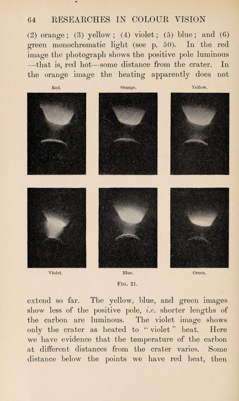 (2) orange ; (3) yellow ; (4) violet; (5) blue ; and (6) green monochromatic light (see p. 50). In the red image the photograph shows the positive pole luminous —that is, red hot—some distance from the crater. In the orange image the heating apparently does not Red. Orange. Yellow. Violet. Blue. Green. Fig. 21. extend so far. The yellow, blue, and green images show less of the positive pole, i.e. shorter lengths of the carbon are luminous. The violet image shows only the crater as heated to “ violet 57 heat. Here we have evidence that the temperature of the carbon at different distances from the crater varies. Some distance below the points we have red heat, then
