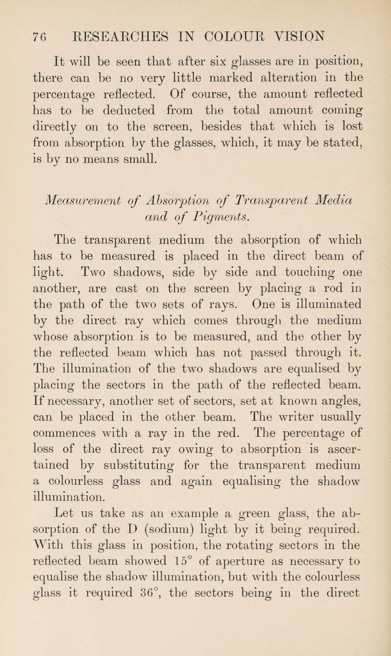 It will be seen that after six glasses are in position, there can be no very little marked alteration in the percentage reflected. Of course, the amount reflected has to be deducted from the total amount coming directly on to the screen, besides that which is lost from absorption by the glasses, which, it may be stated, is by no means small. Measurement of Absorption of Transparent Media and of Pigments. The transparent medium the absorption of which has to be measured is placed in the direct beam of light. Two shadows, side by side and touching one another, are cast on the screen by placing a rod in the path of the two sets of rays. One is illuminated by the direct ray which comes through the medium whose absorption is to be measured, and the other by the reflected beam which has not passed through it. The illumination of the two shadows are equalised by placing the sectors in the path of the reflected beam. If necessary, another set of sectors, set at known angles, can be placed in the other beam. The writer usually commences with a ray in the red. The percentage of loss of the direct ray owing to absorption is ascer¬ tained by substituting for the transparent medium a colourless glass and again equalising the shadow illumination. Let us take as an example a green glass, the ab¬ sorption of the D (sodium) light by it being required. With this glass in position, the rotating sectors in the reflected beam showed 15° of aperture as necessary to equalise the shadow illumination, but with the colourless glass it required 36°, the sectors being in the direct