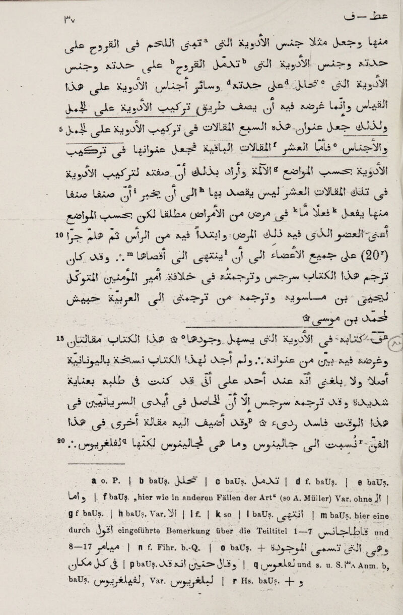 rv jauc. ^Ä^*, wJv> { f^ b £-3J^Aj’b ^cJl g^.,rr^ fr'iJks* IlX^ ä~i*O^II (j*Lc>*! d2Ü’A>* ° (Jr^' ^3^^ jp- — J^iL t c^£ Kj*u>^I v**^y» ^ L*if_j (j*-& äi! 5 J.«JL ^Jl£ SÜ^vÄt w^/y ^3 C^Uil g**Jt ^^3 ^A^=vs ^-5 Lgijylc C-j'iitftii f y~*^ Leli y*U«2>0äH^ iü5J^I y./yd ^JuXj Otjt3 *Mff LäaaS IäXo ^ d ljT^ b jj^.xl\ O^UX) ^ikAj* ^3 A Ä * ^ kJ IäJLovo ^^3 L« LIjs,.' «utoiyl! ^ ^ J5 ^ i- 10 |y>- j*.L? 1**^ ^J*dji! ^j--5 Ä.^3 kXXd J$ ' (Jlfljl! ti)d3 Xa5 ^JjAJl 0Lr -A33 /.m L^La'ii ^i! ^ ^ s-\^as^)\ £*♦£>- (20r) JA^äI! ^js-a^.11 .iobl3- ^3 j_j ^j**a>y** walÄXj) f AP CT* —* Q-f - ^ q.J lA-*«^ 15 ^UiüU oUkil IÄP & 0 UOy>3.„ <5^1 Xj.O^I iLuliydü £.3^Wj wLxkil L-AgJ A>! yi_5 ,*. AilyÄc q.xi y;?,'. &a3 juLüu Ä,^ii? j, As 3,1 ^Lc AA AJLe *ii yAL LäLot «nt C> i» «fr **• Lj jJ+sK^ f ^ g»3 cX*5 J ,y 15^' &JLä>j *aJ| v^Ä-ybl cX3^p ^ ^(^3^ wX^li c^Ciyll 20 •*’ UJ<r*^q ^®3 (^yyA>JU>* | r^0.aii a o. P. \ b baüs. JJL^ j C baUs. J-^Aj | d f. baüs. j e baüs. Lei ^ |. f baüs. „hier wie in anderen Fällen der Art“ (so A. Müller) Var. ohne j! | g f baüs. | h baüs. Yar. ^1 [ I £. | k so j I baüs. ^^Äil | m baüs. hier eine durch 3^1 eingoführte Bemerkung über die Teiltitel 1—7 , ^L>UbLjj und s - w • / 8—17 yoLy« | n f. Fihr. b.-Q. j 0 baüs. -f- äJ^yyil ^LC« Jj ^ | p baüs. A3 aJl (jv3> Jlä^ | q y^jdaJ und s. u. S. ia Anm. b, baüs. ? Var. (j^jybLd [ r Hs. baüs. -j- *
